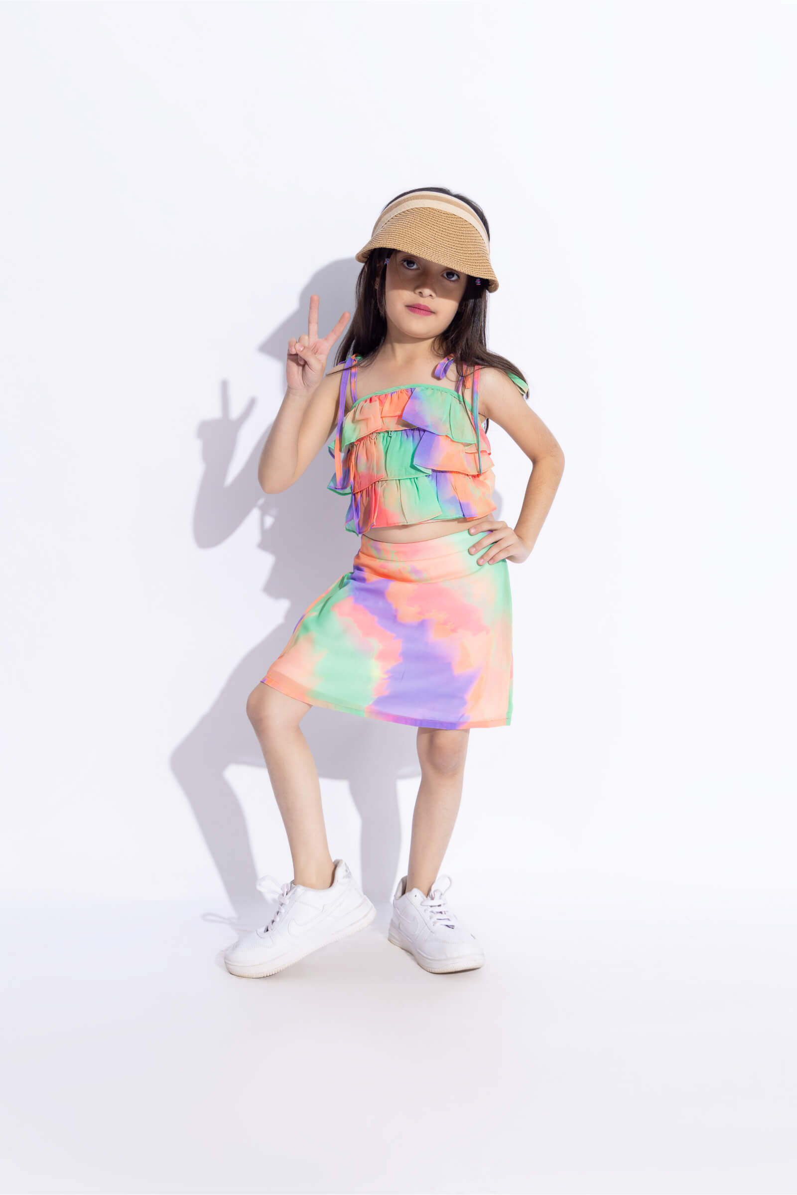 Georgette Sleeveless Tie dye printed Ruffle detail crop top and matching skirt set-Multi