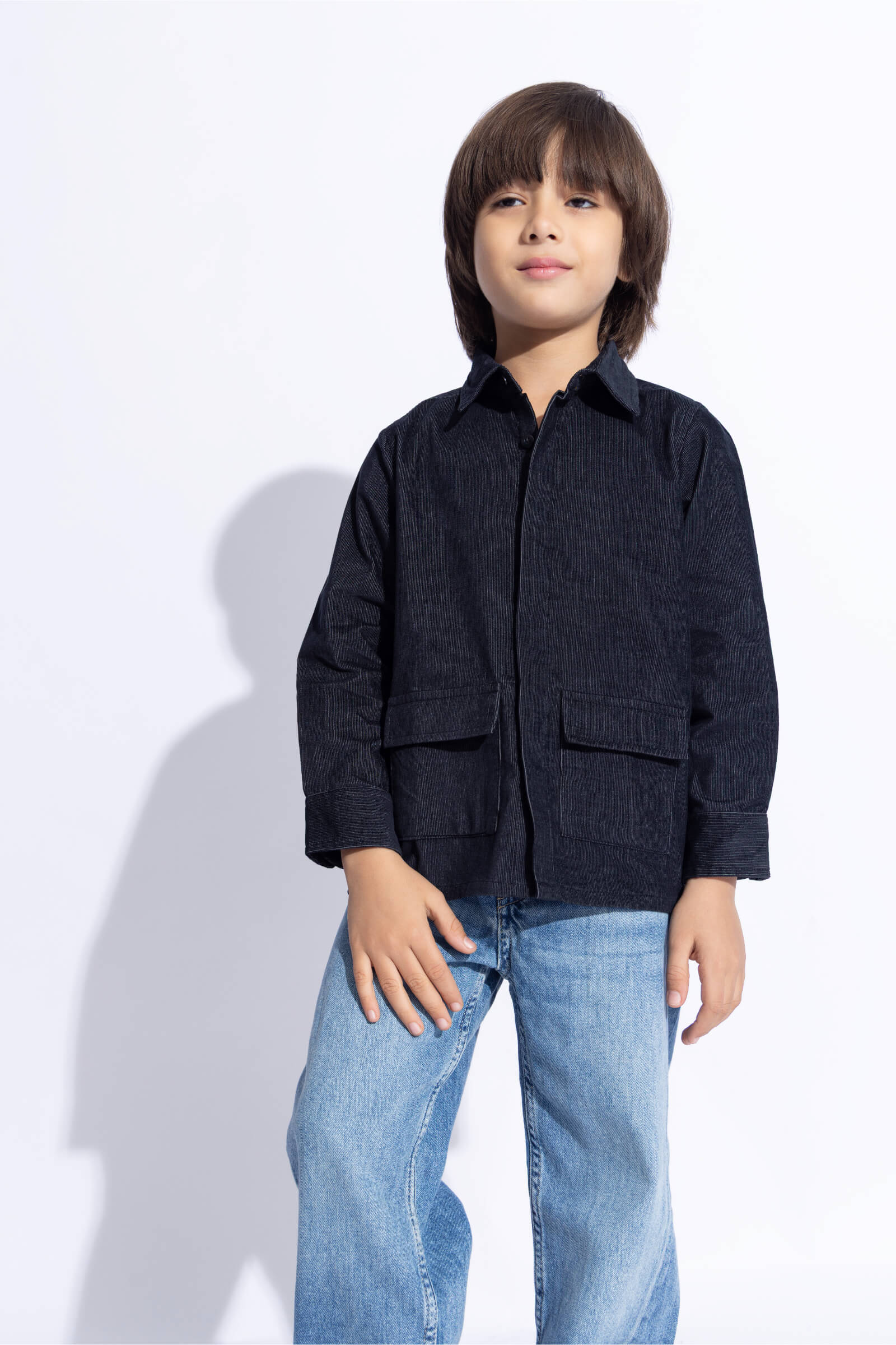 Corduroy Full sleeves conceal placket pocket detailed jacket-Black