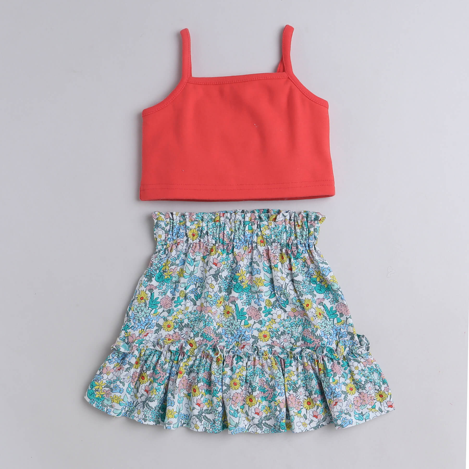 Shop Girls Red Multi Singlet Crop Top With Floral Printed Tiered Skirt Set Online