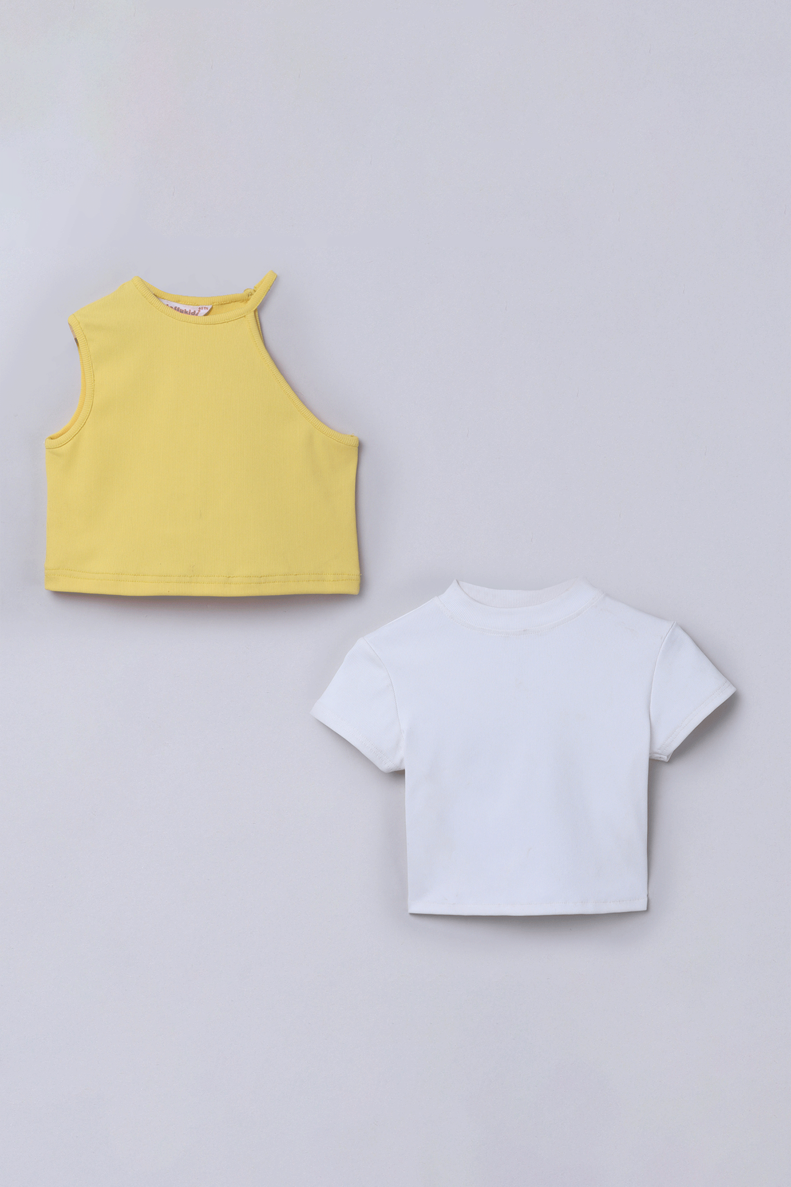 Rib half sleeve Backless crop top and Sleeveless asymmetric neck crop top pack of two-White & Yellow