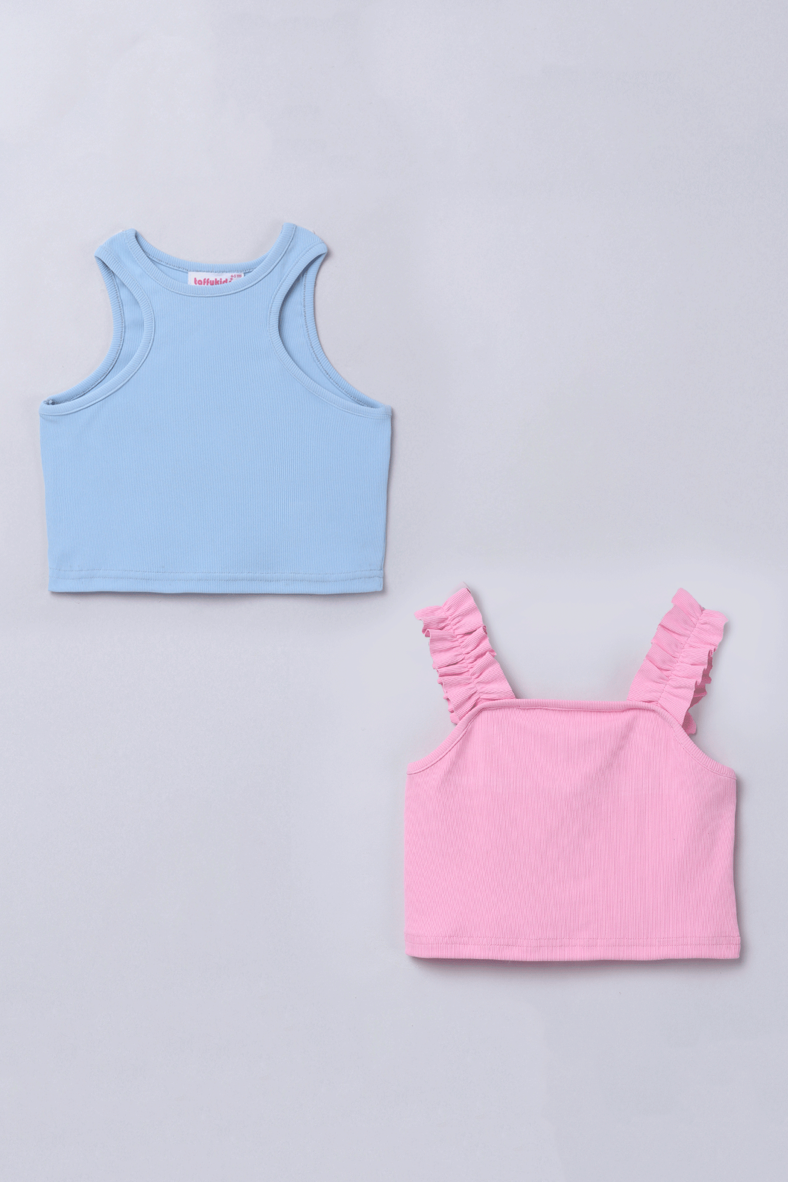 Rib Sleeveless ruffle strap crop top and sleeveless tank crop top-Pink & blue