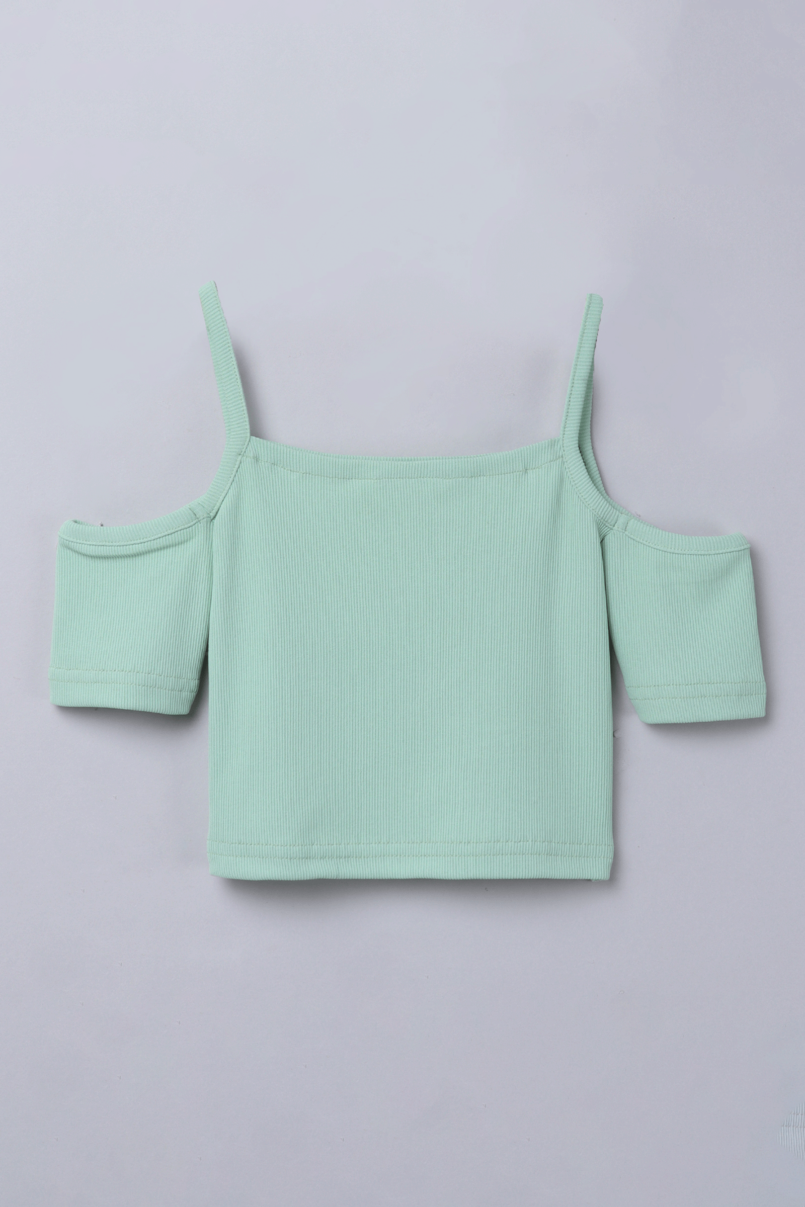 Rib half sleeves cold shoulder crop top-Green