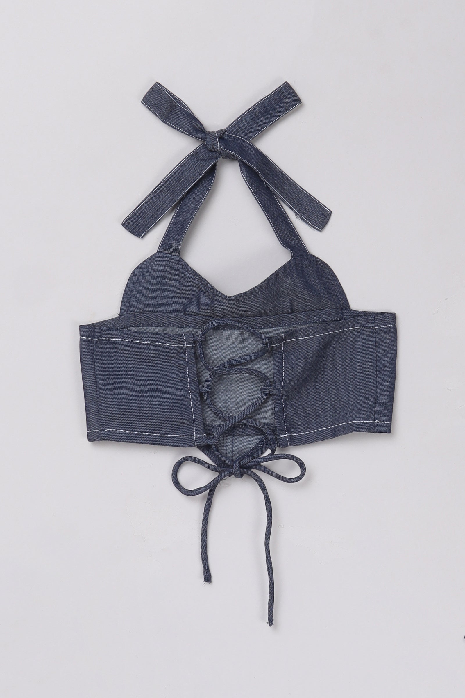 Denim Sleeveless stitch detail heart shape crop top-Blue