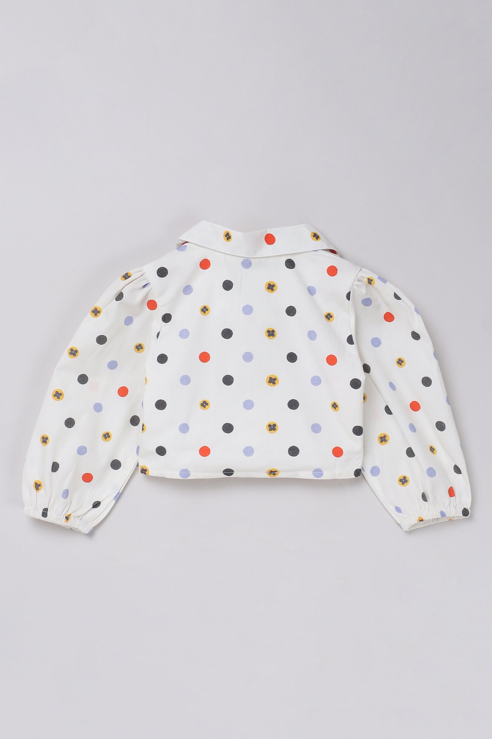 Cotton poplin 3/4 puff sleeves polka dot printed crop shirt- White & Multi