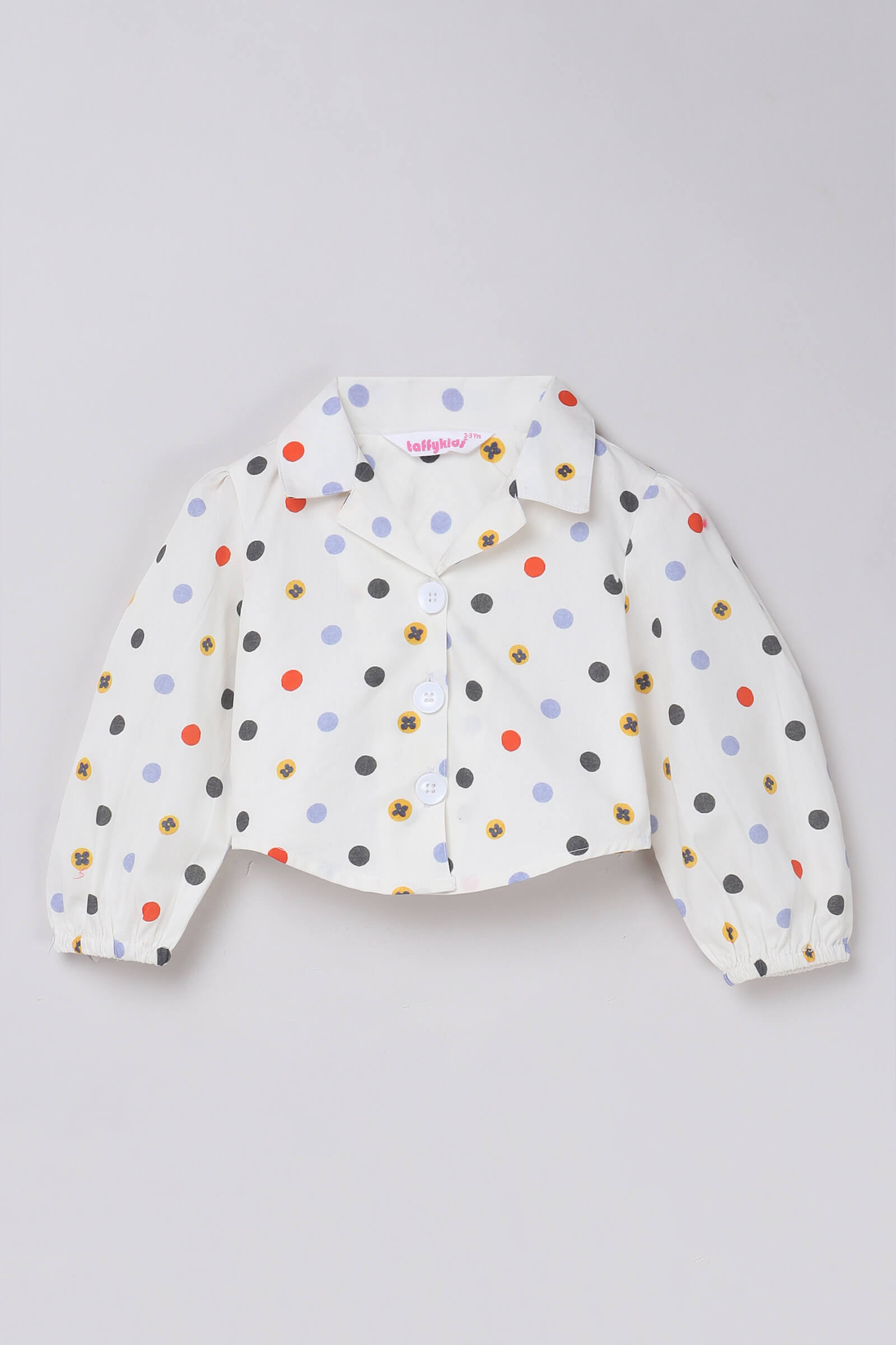 Cotton poplin 3/4 puff sleeves polka dot printed crop shirt- White & Multi