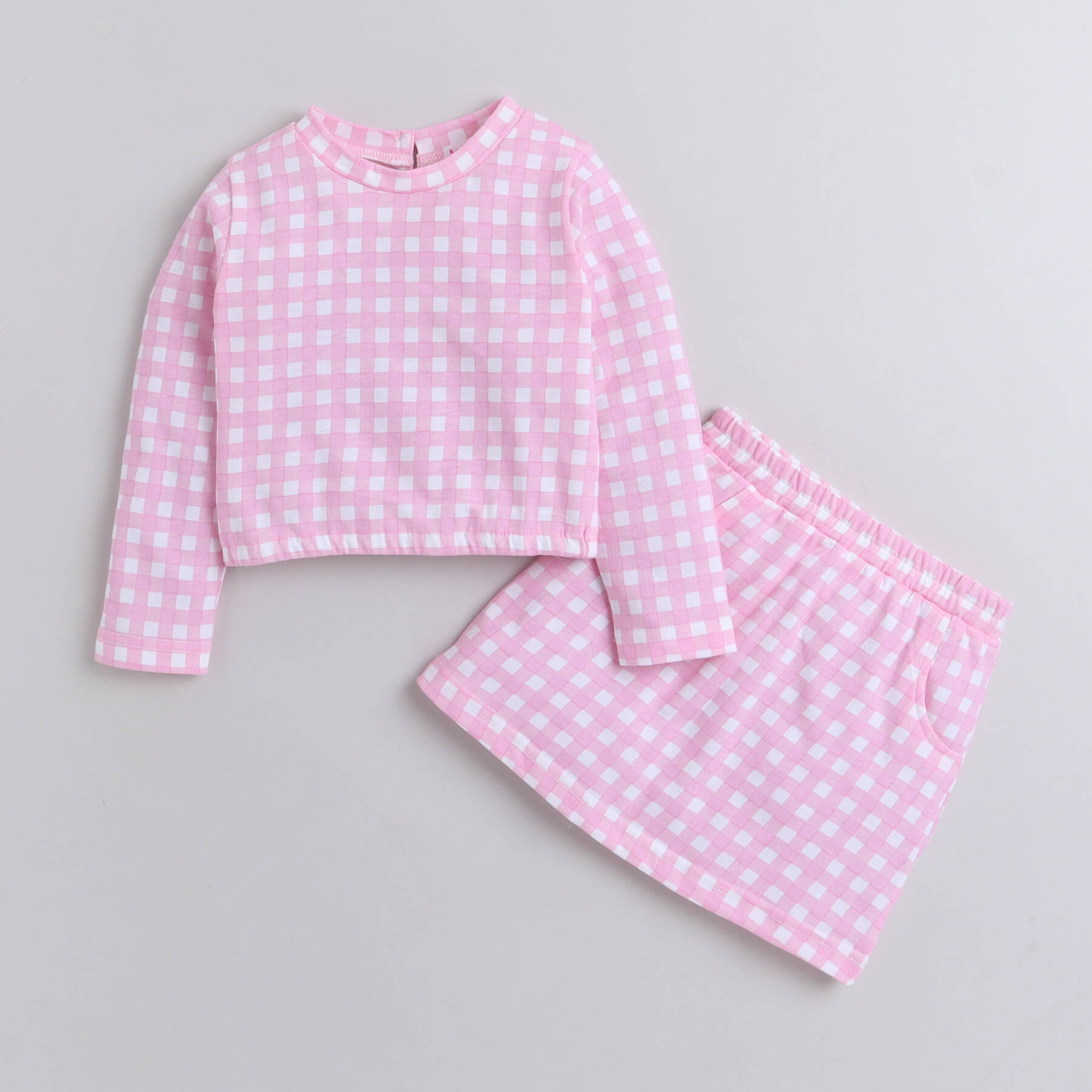 Girls Pink Checks Printed Full Sleeve Crop Top and Skirt Set