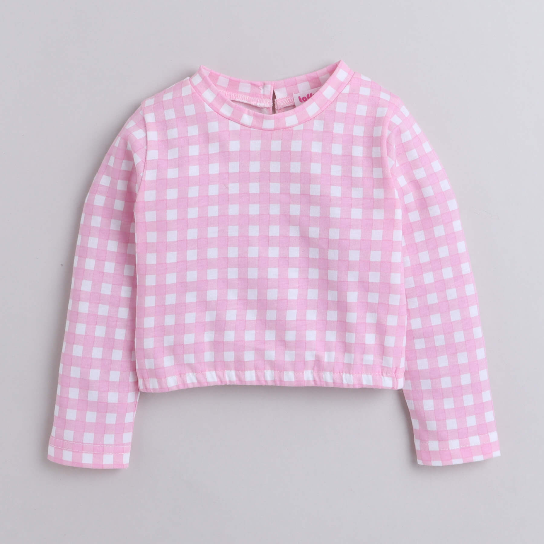 Shop Girls Pink Checks Printed Full Sleeve Crop Top And Skirt Set Online