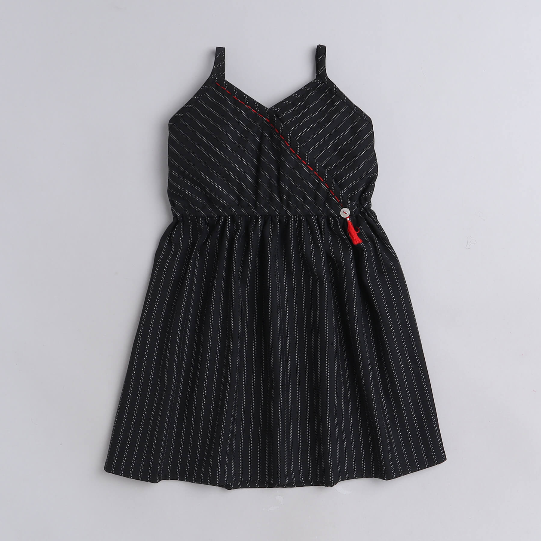 Girls Black Strips Printed Overlap Singlet Dress