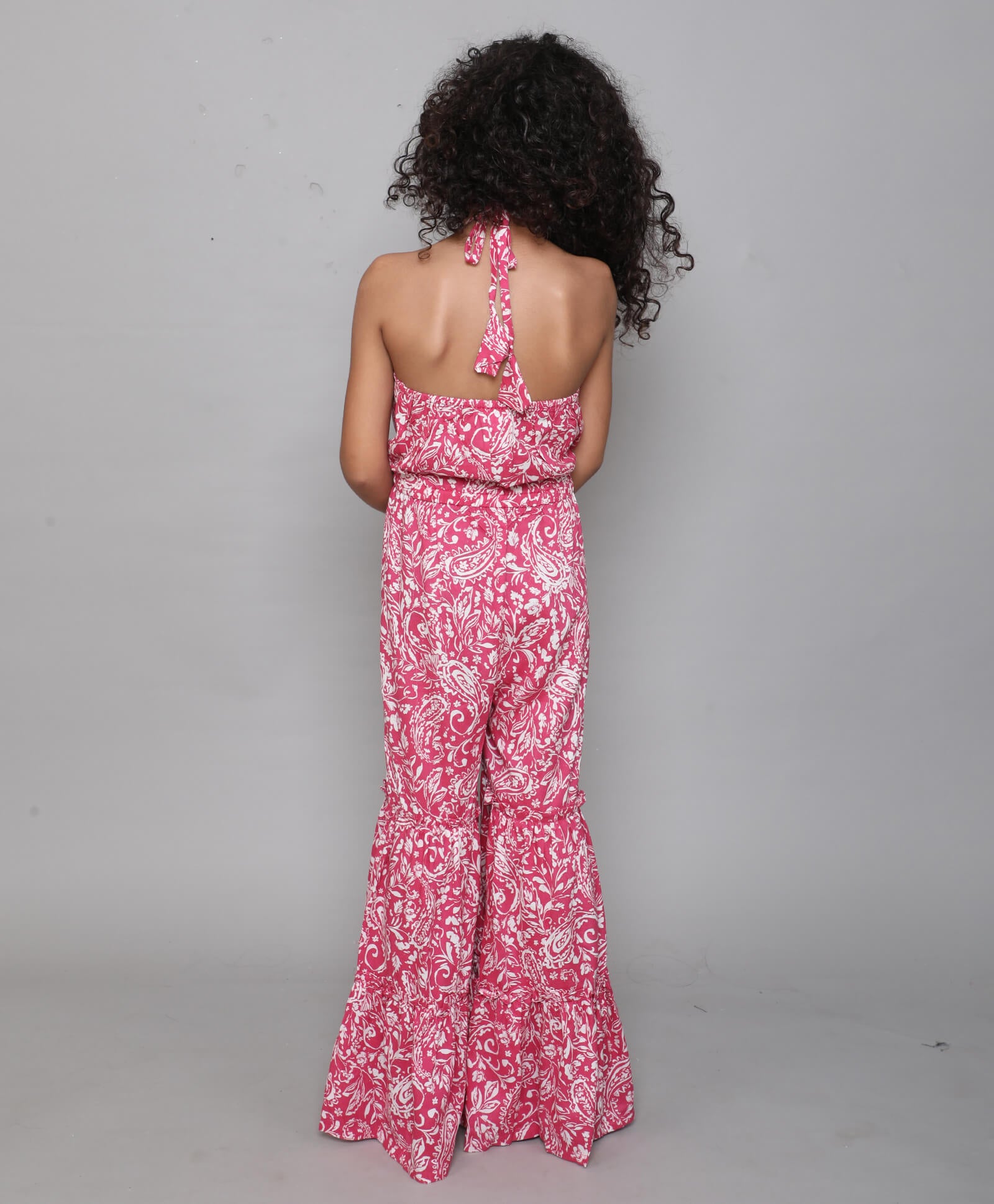 Girls Pink Floral Printed Halter Neck Tiered Bottom Jumpsuit