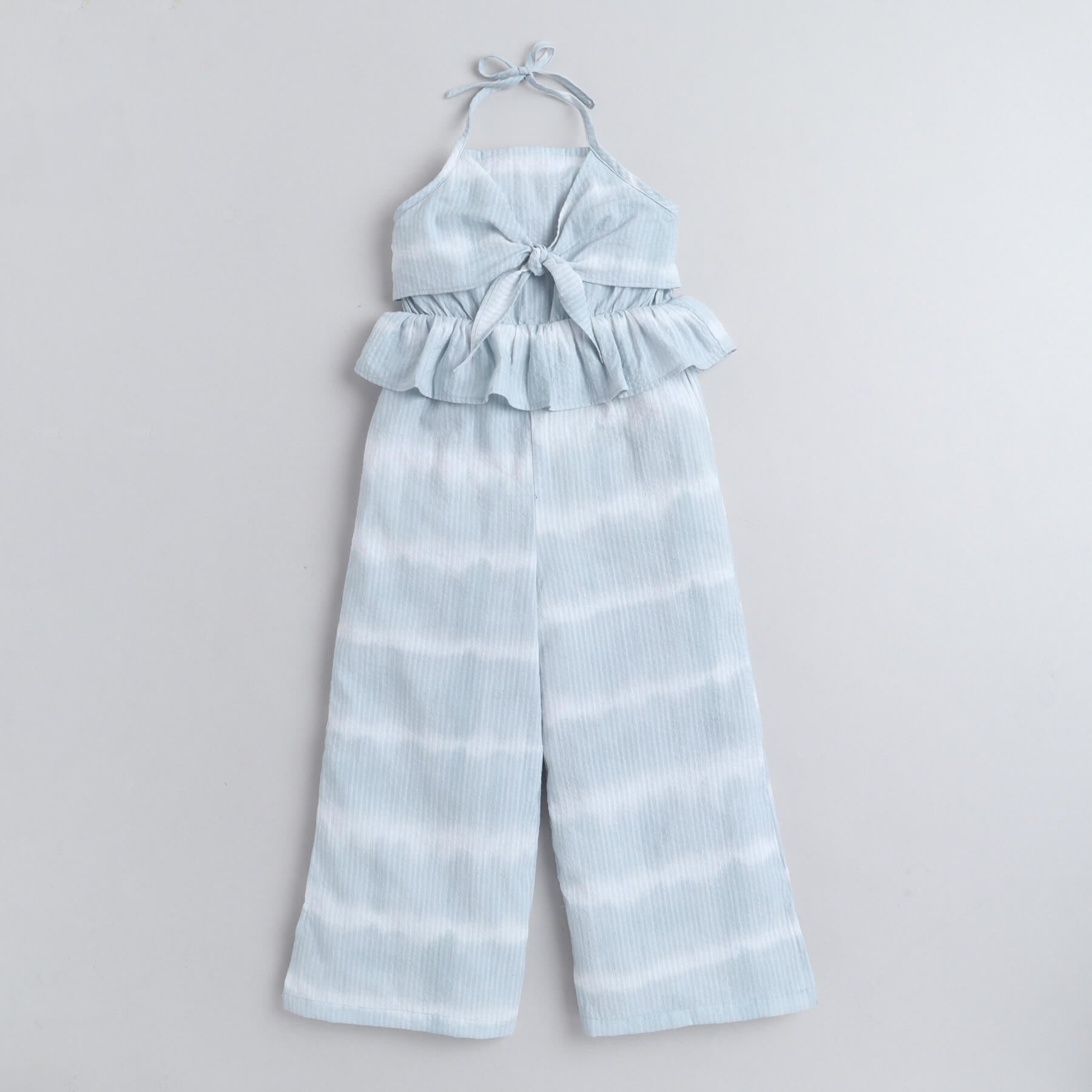 Girls Blue Tie-Dye Printed Halter Neck Tie-Up Detailed Jumpsuit