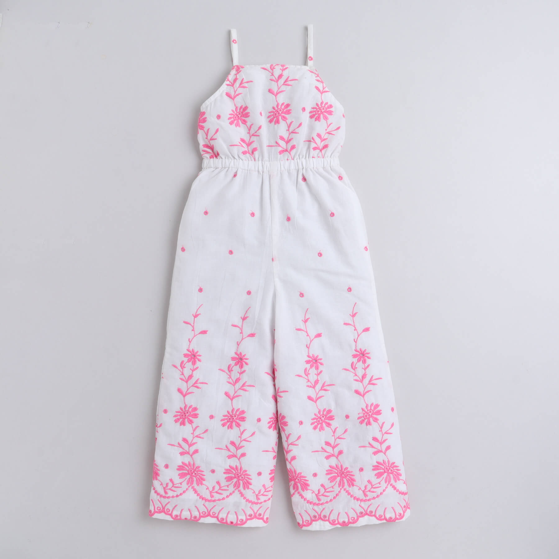 Girls White &amp; Pink Sleeveless Singlet Neck Embroidered Jumpsuit