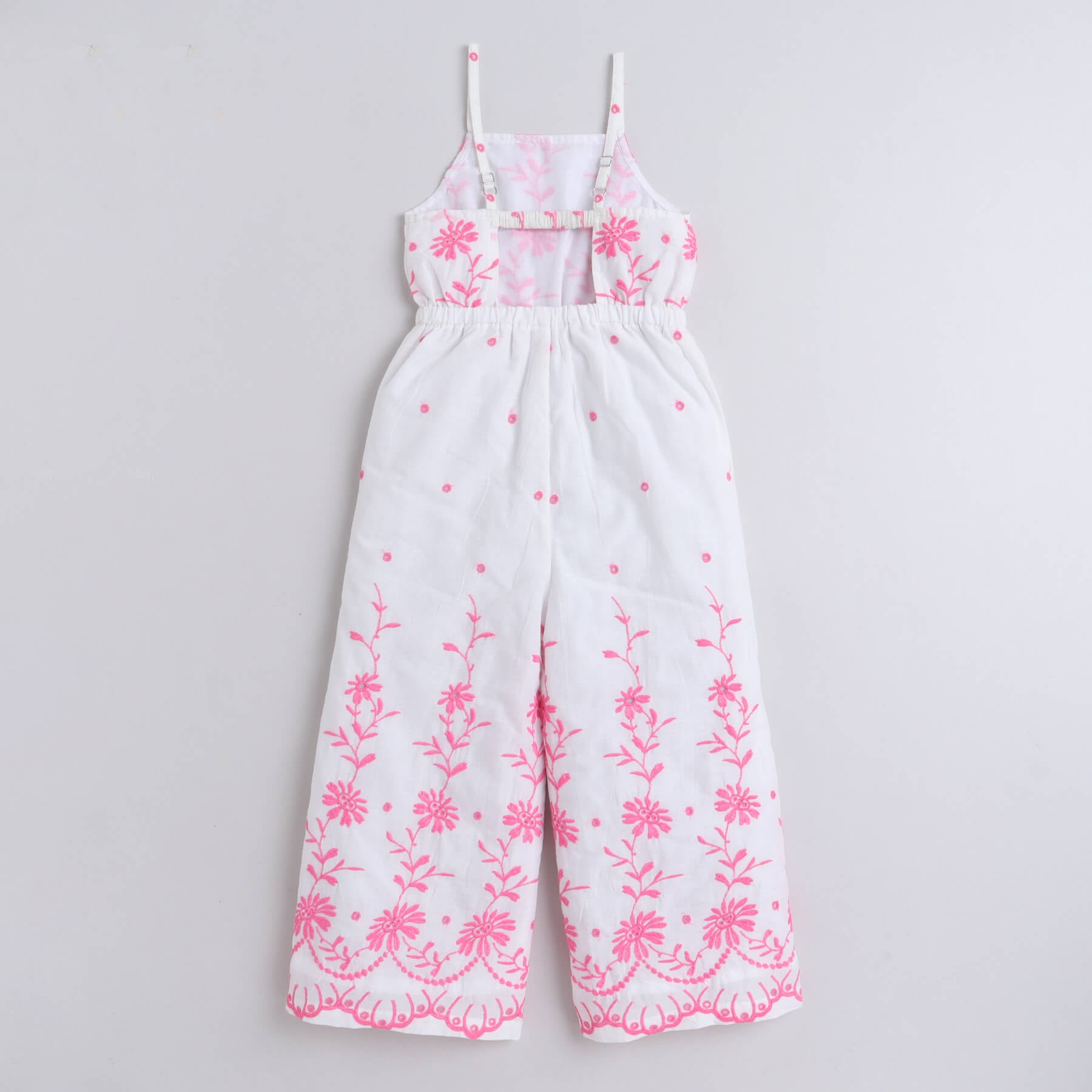 Girls White &amp; Pink Sleeveless Singlet Neck Embroidered Jumpsuit
