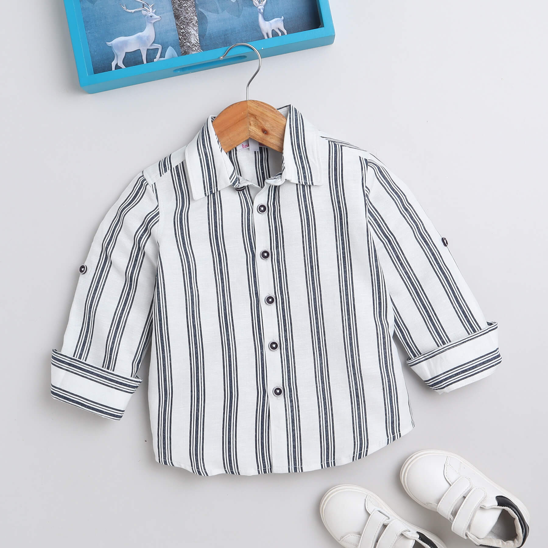 Taffykids stripes printed turn up full sleeves shirt - White/Blue