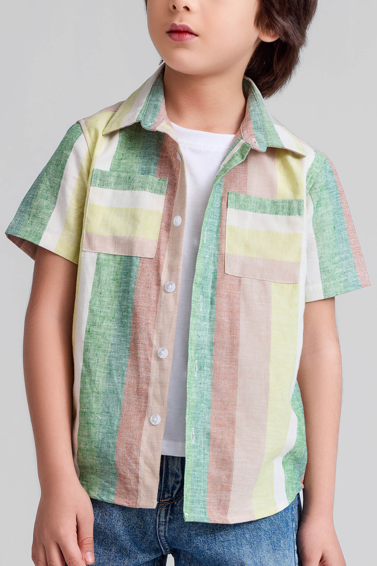 Striped half sleeves pocket detailed shirt with attached tee-Multi