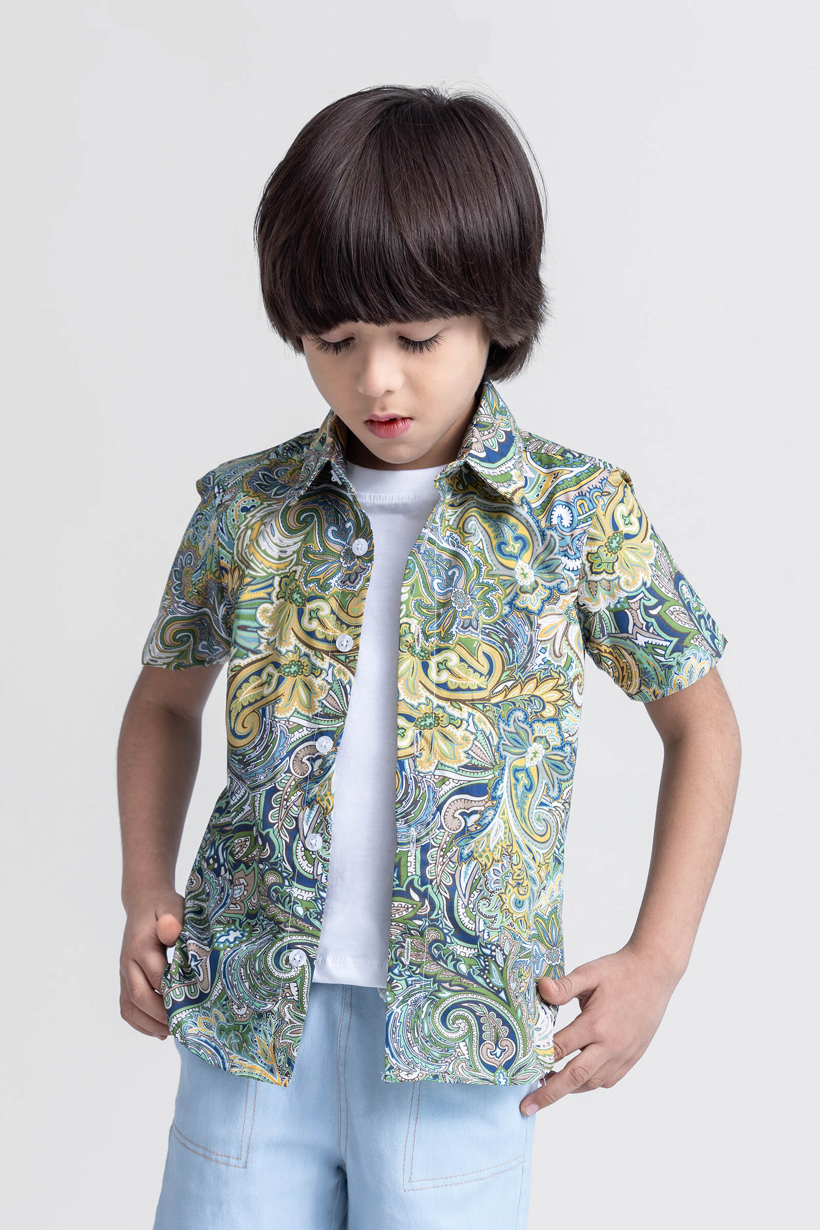 Paisley printed half sleeves button up Shirt with attached tee-Green & White