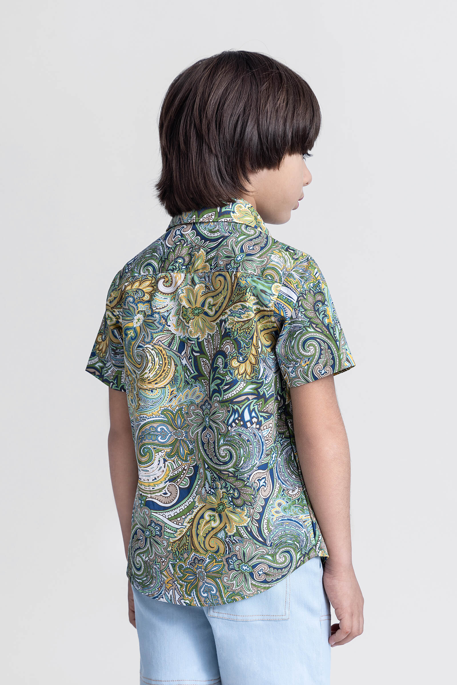 Paisley printed half sleeves button up Shirt with attached tee-Green & White