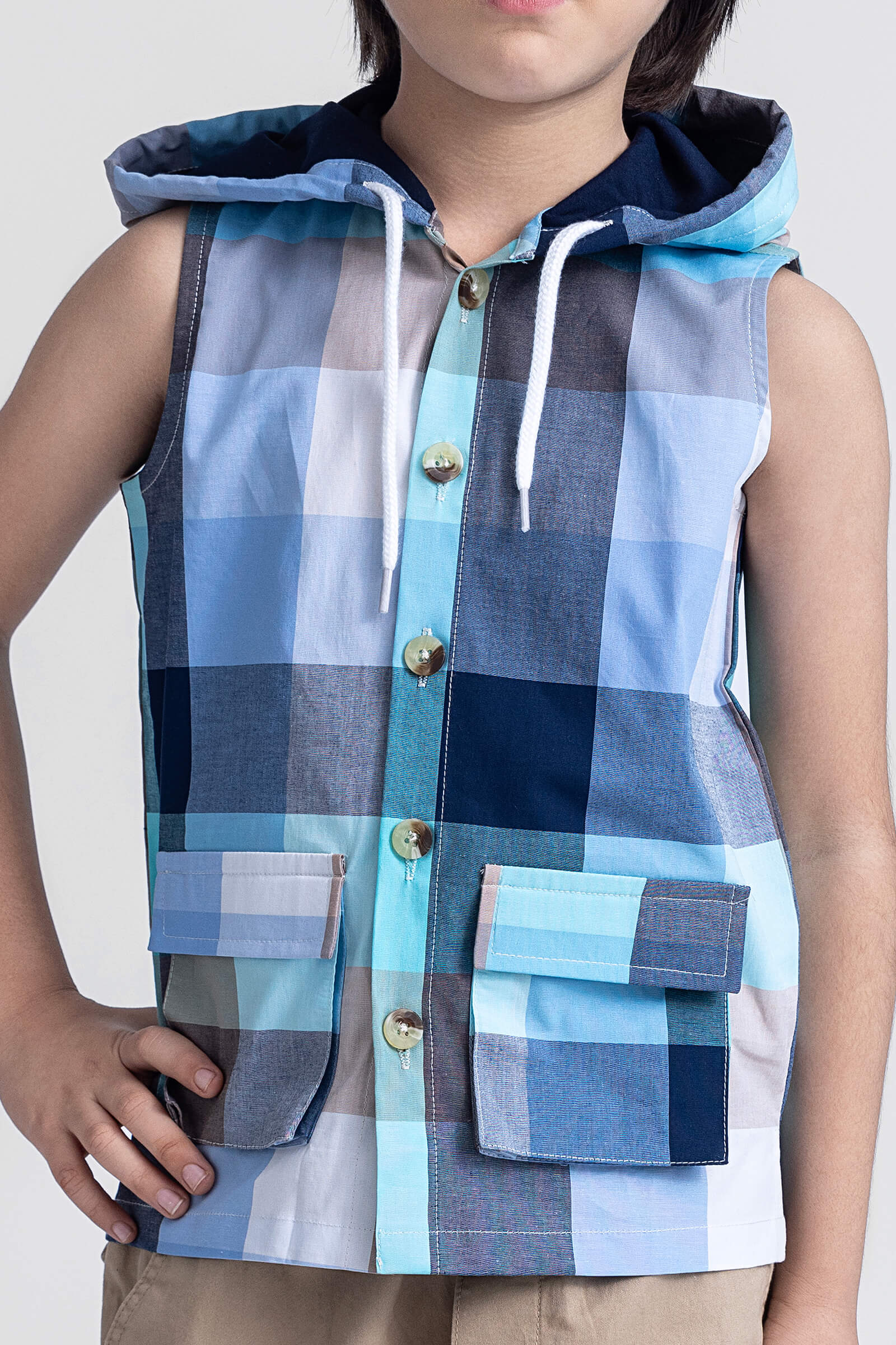 Cotton Sleeveless Yarn dyed checks button up hooded shirt-Multi