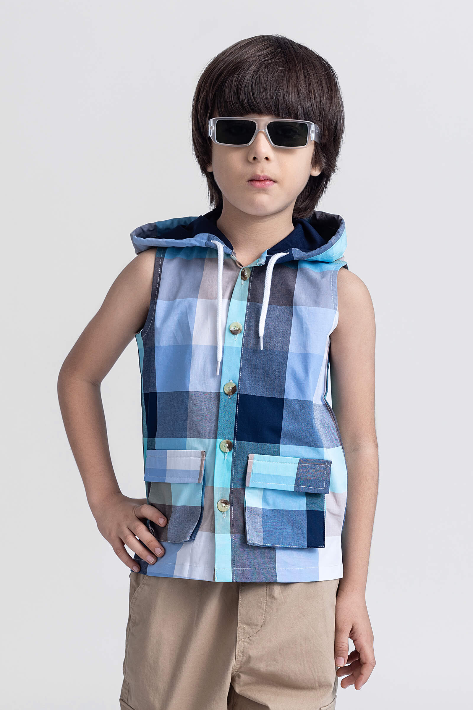 Cotton Sleeveless Yarn dyed checks button up hooded shirt-Multi