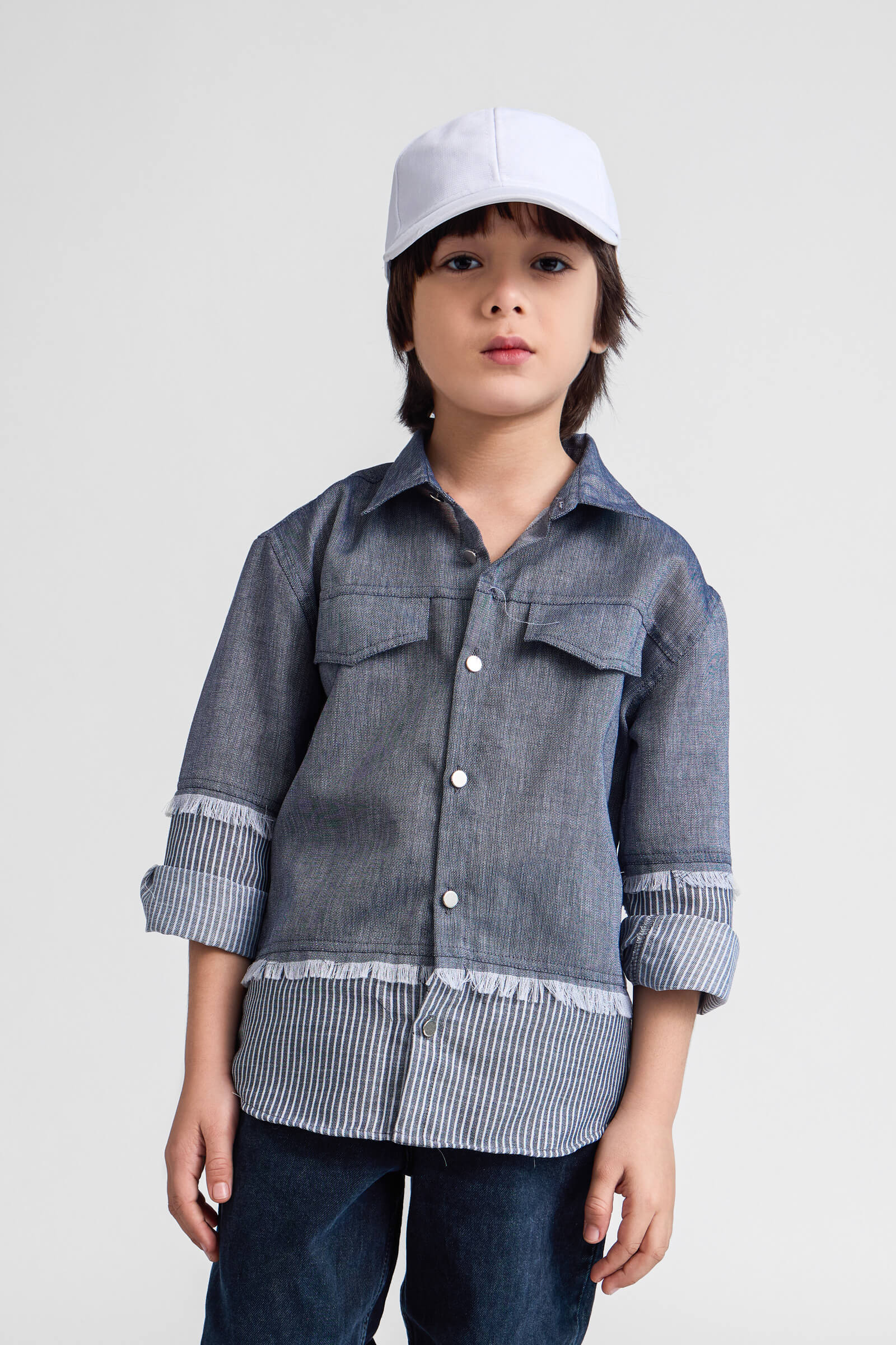 cut and sew full sleeves button up shirt-Blue grey