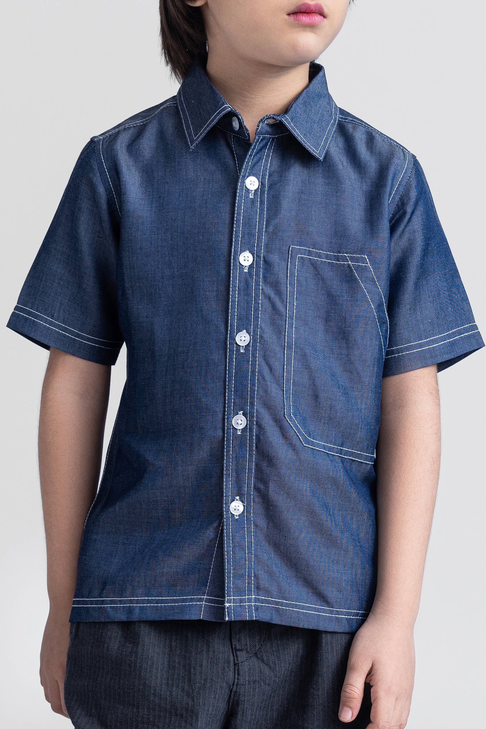 Denim Stitch detailed half sleeves shirt-Blue