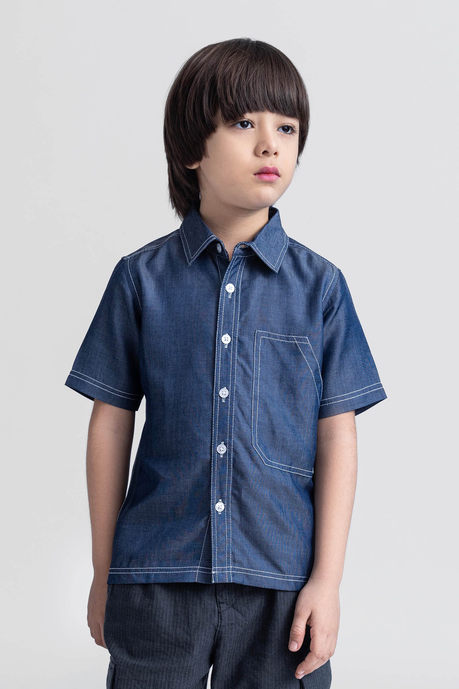 Denim Stitch detailed half sleeves shirt-Blue