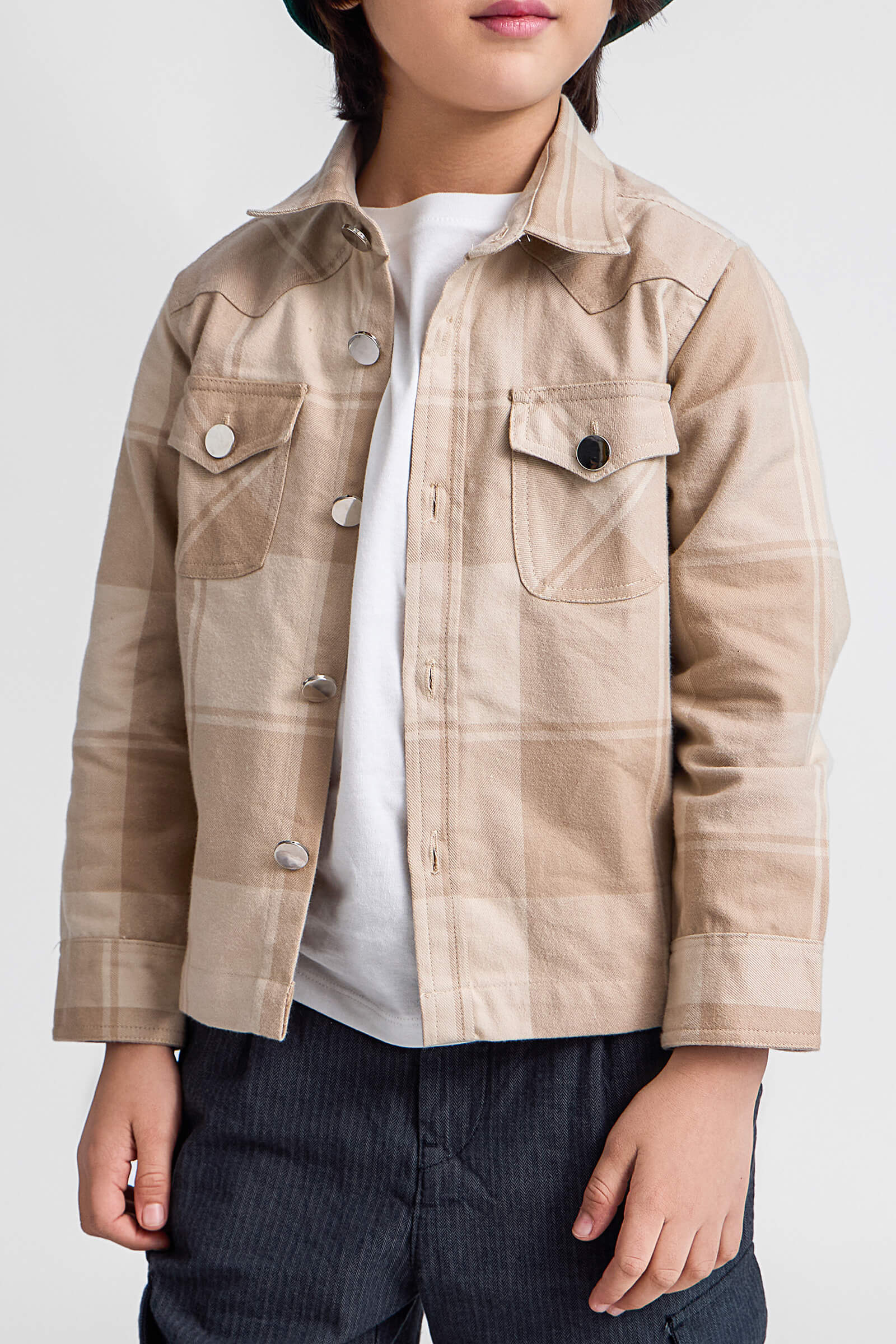 Checked full sleeves shacket-Beige