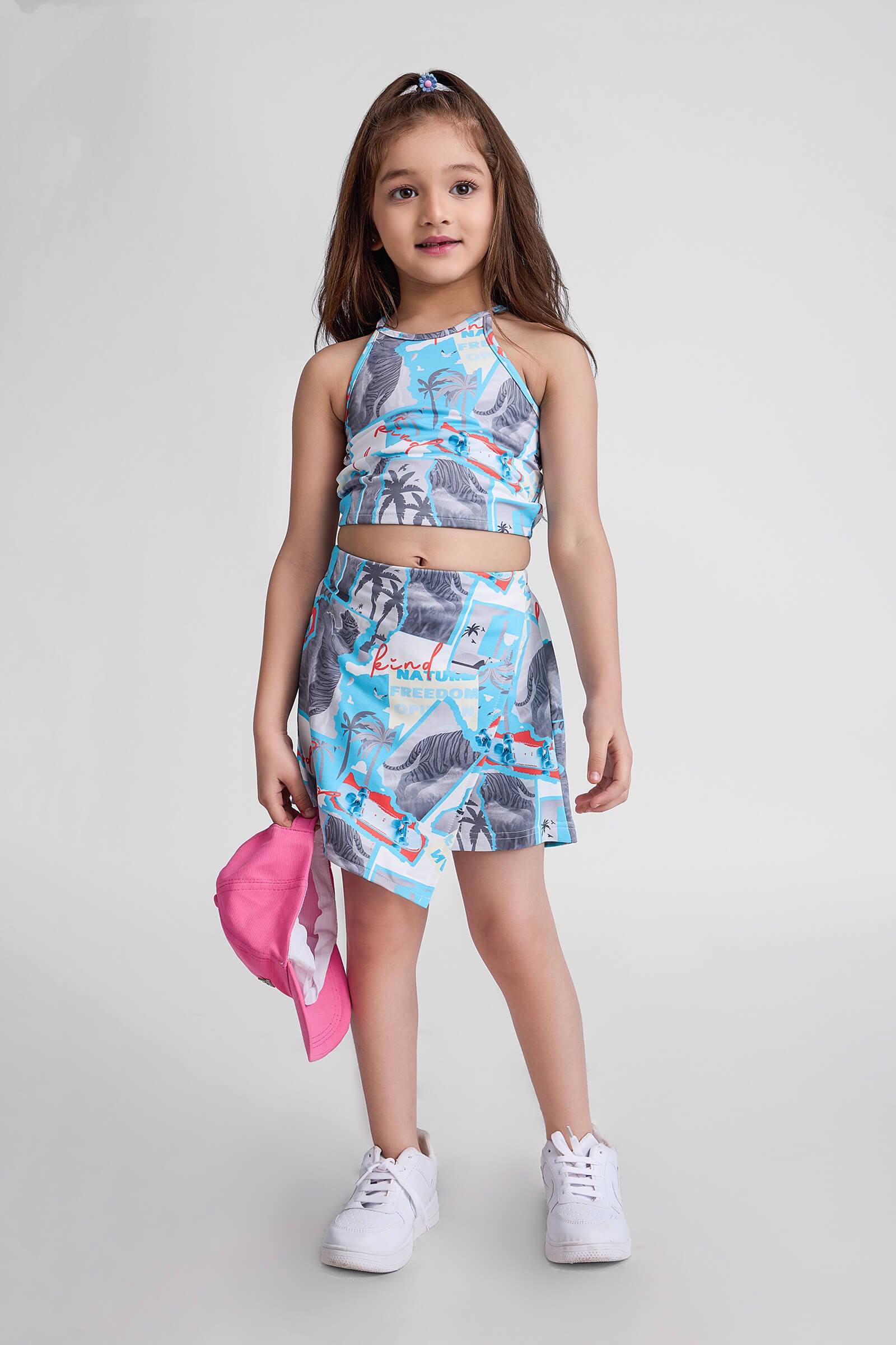 patch work printed halter neck crop top and matching skorts set-blue/multi