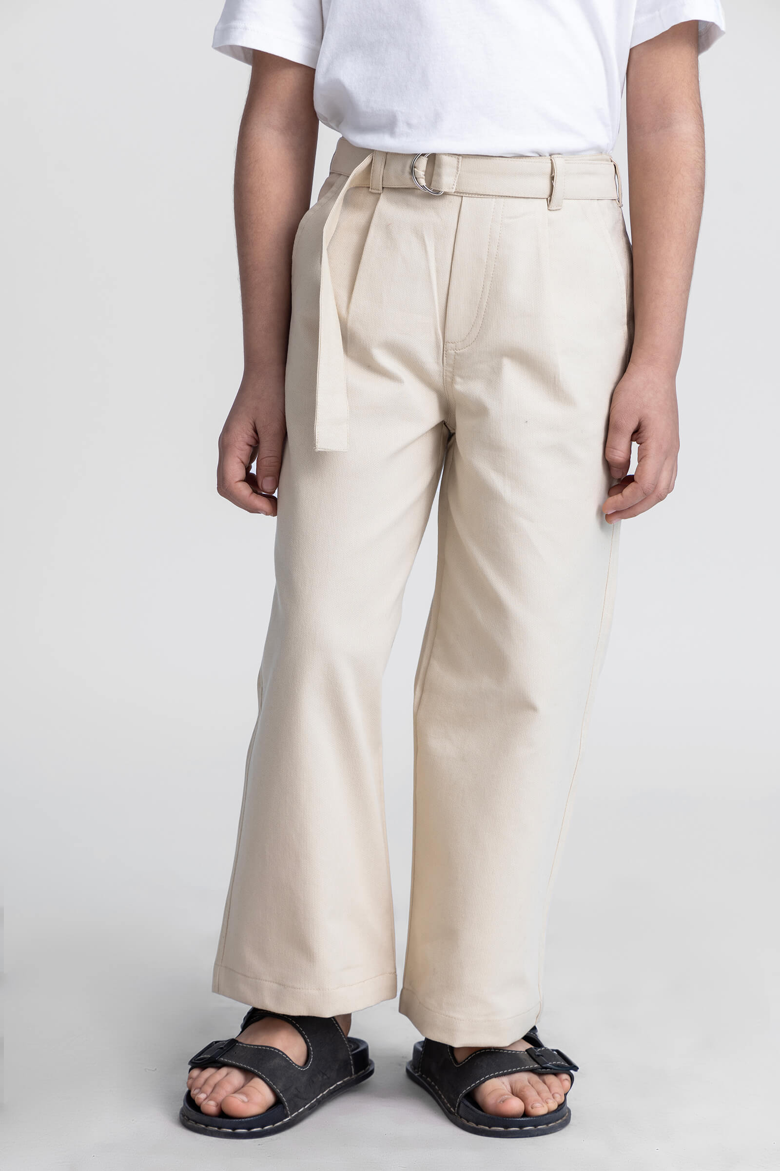 full length pleat detail pant with belt-Beige