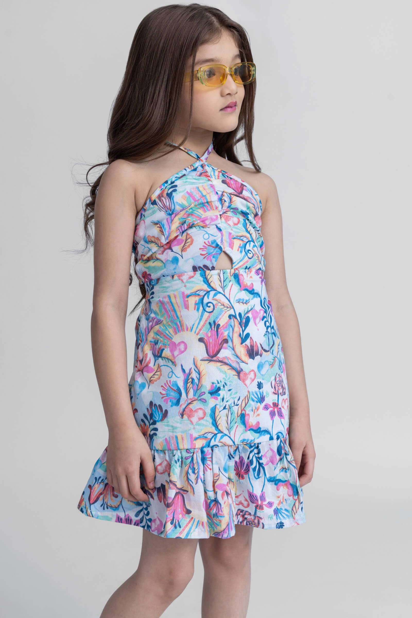 100% cotton Sleeveless floral printed halter neck cut-out detailed back tie-up dress- Blue & Multi