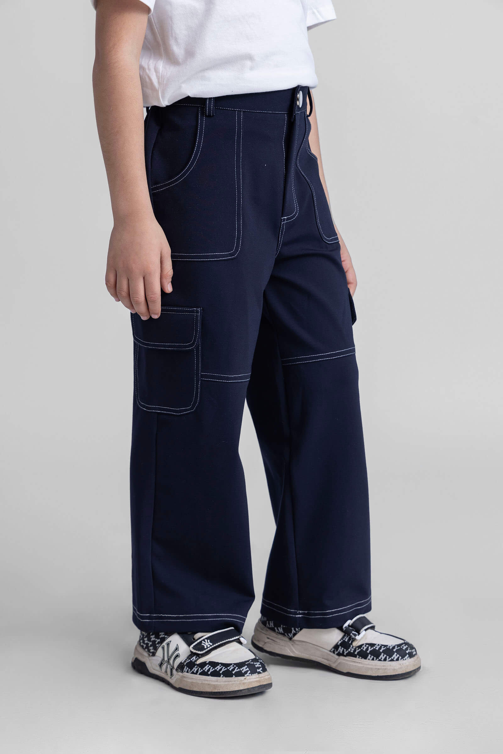 full length contrast stitch detail cargo pant-Navy