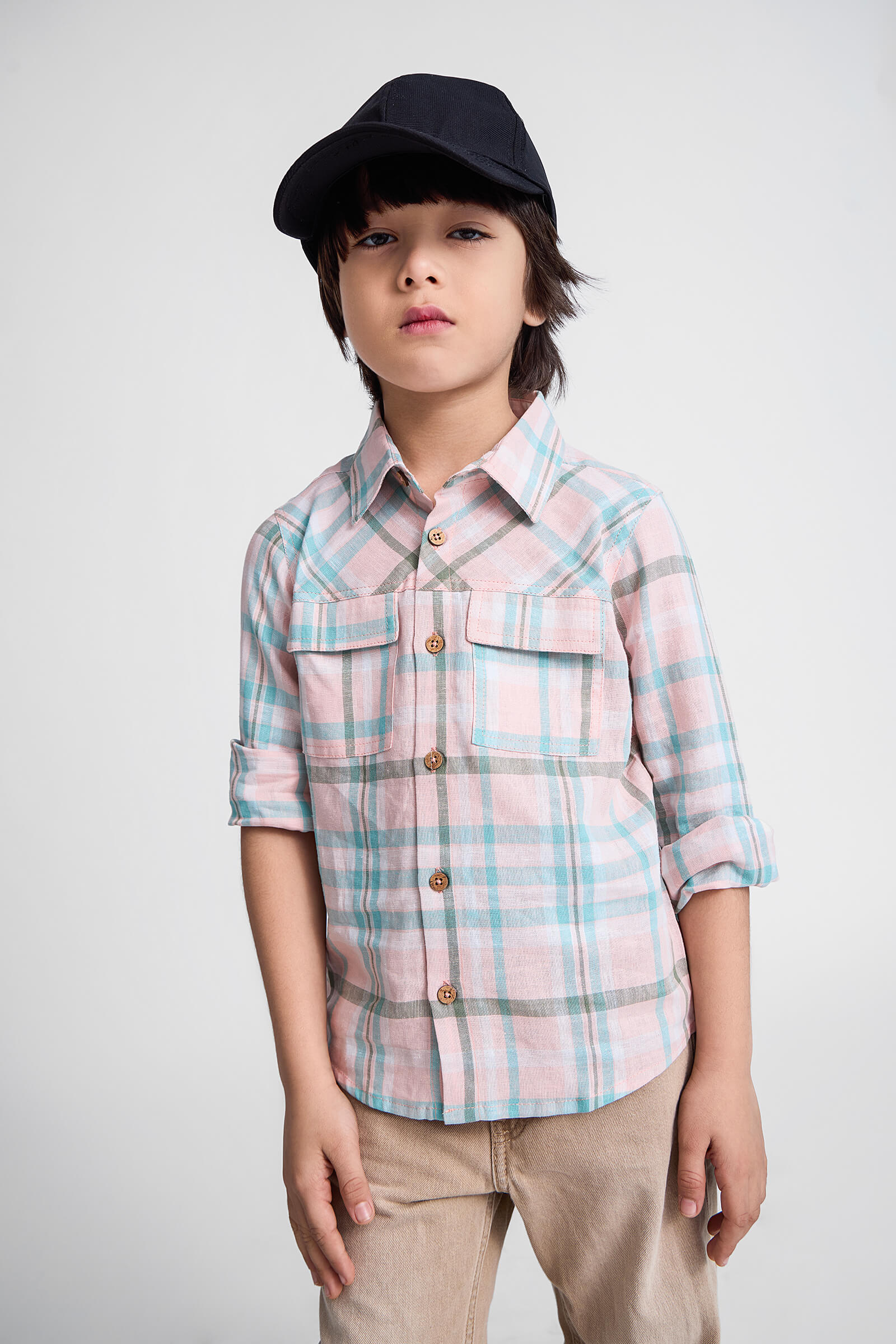 full sleeves checkered Shirt with pocket details-Pink & Multi