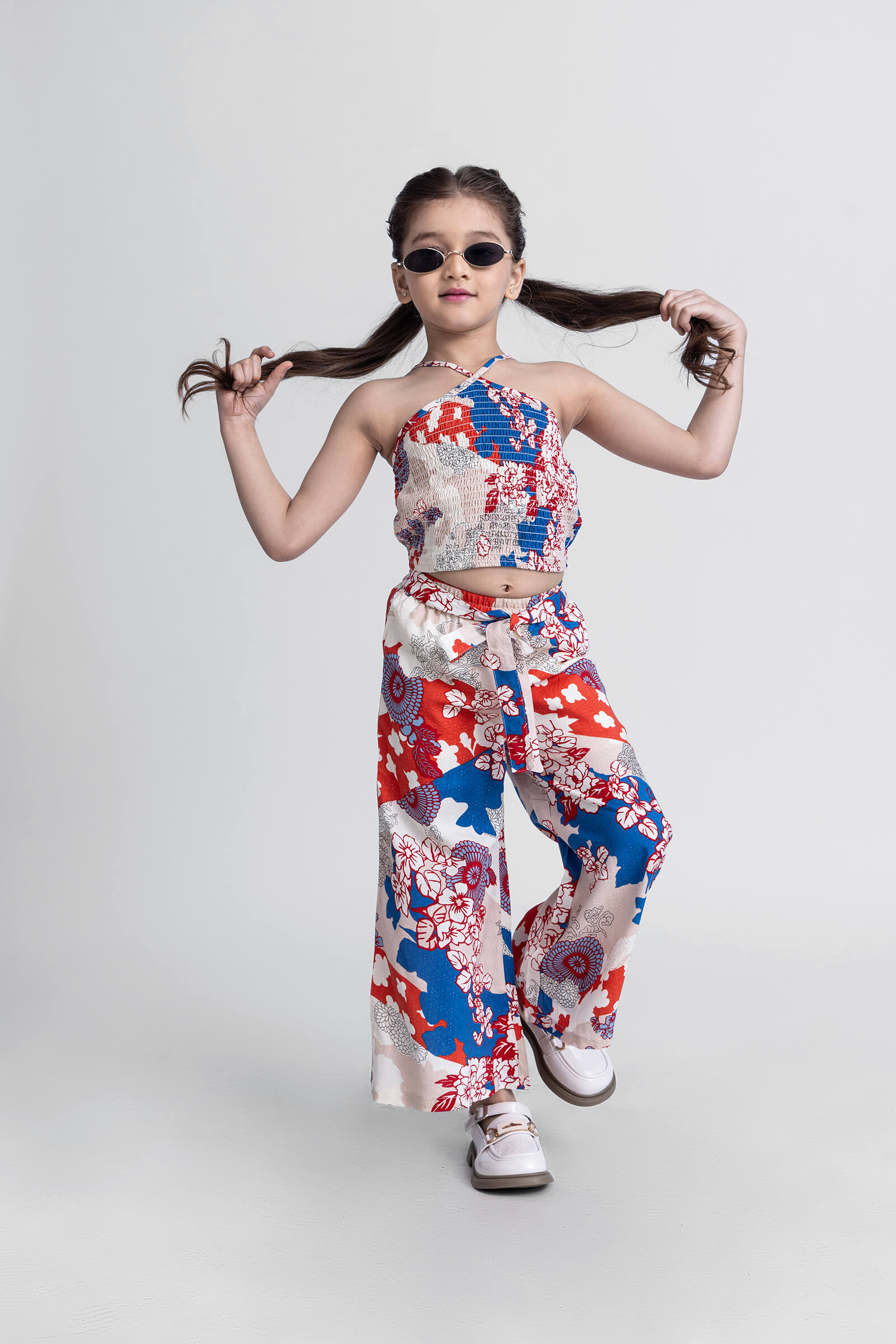 100% cotton sleeveless floral printed smoked crop top and pant co-ord set- Multi