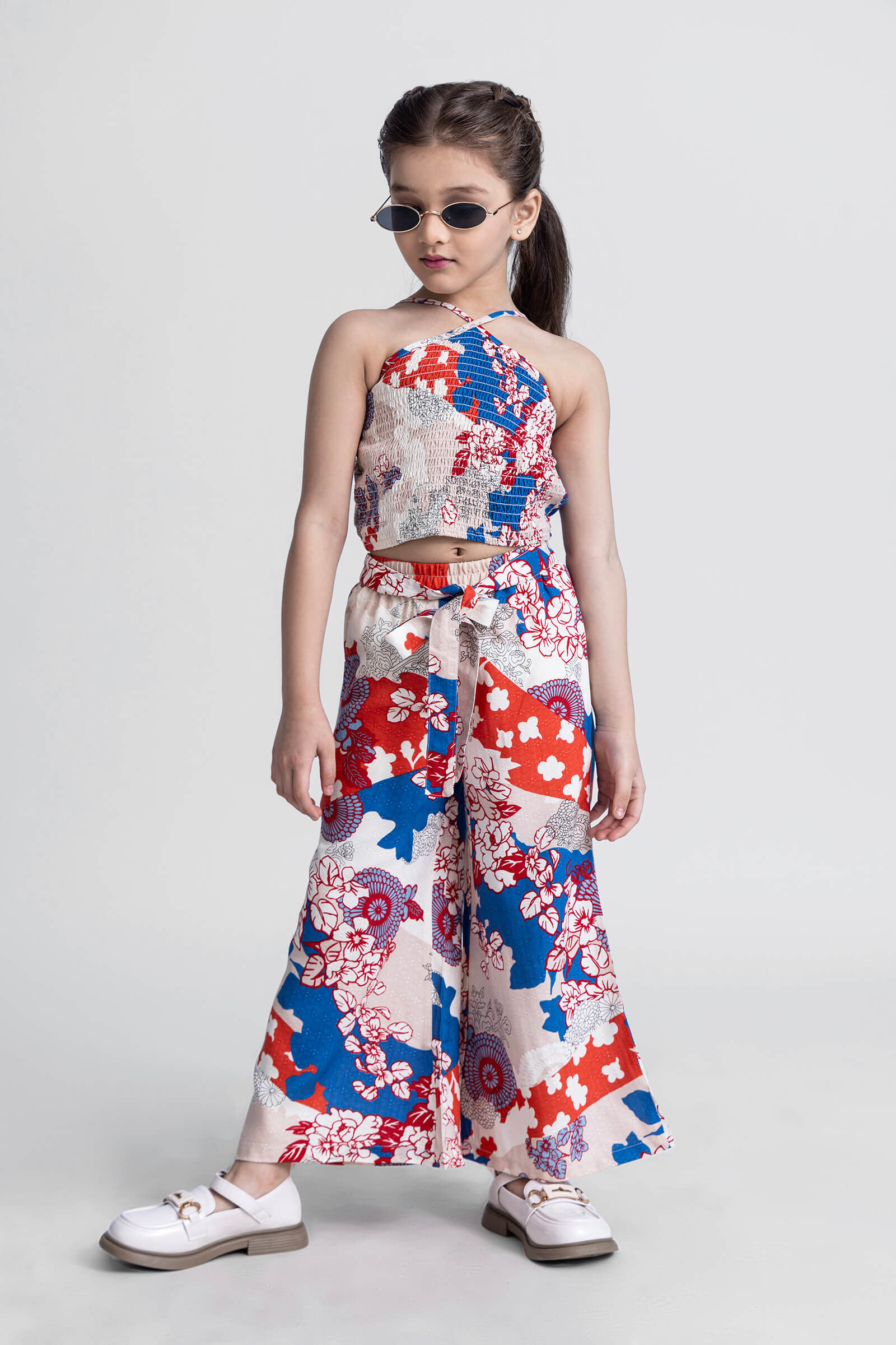 100% cotton sleeveless floral printed smoked crop top and pant co-ord set- Multi