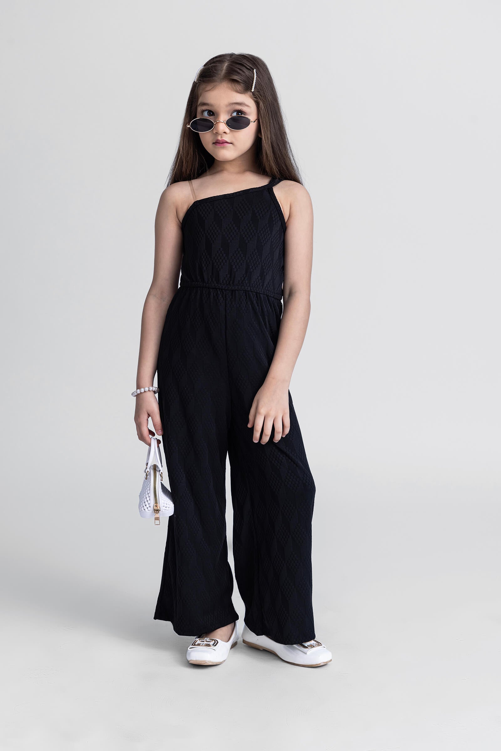 Textured one shoulder sleeveless jumpsuit-Black