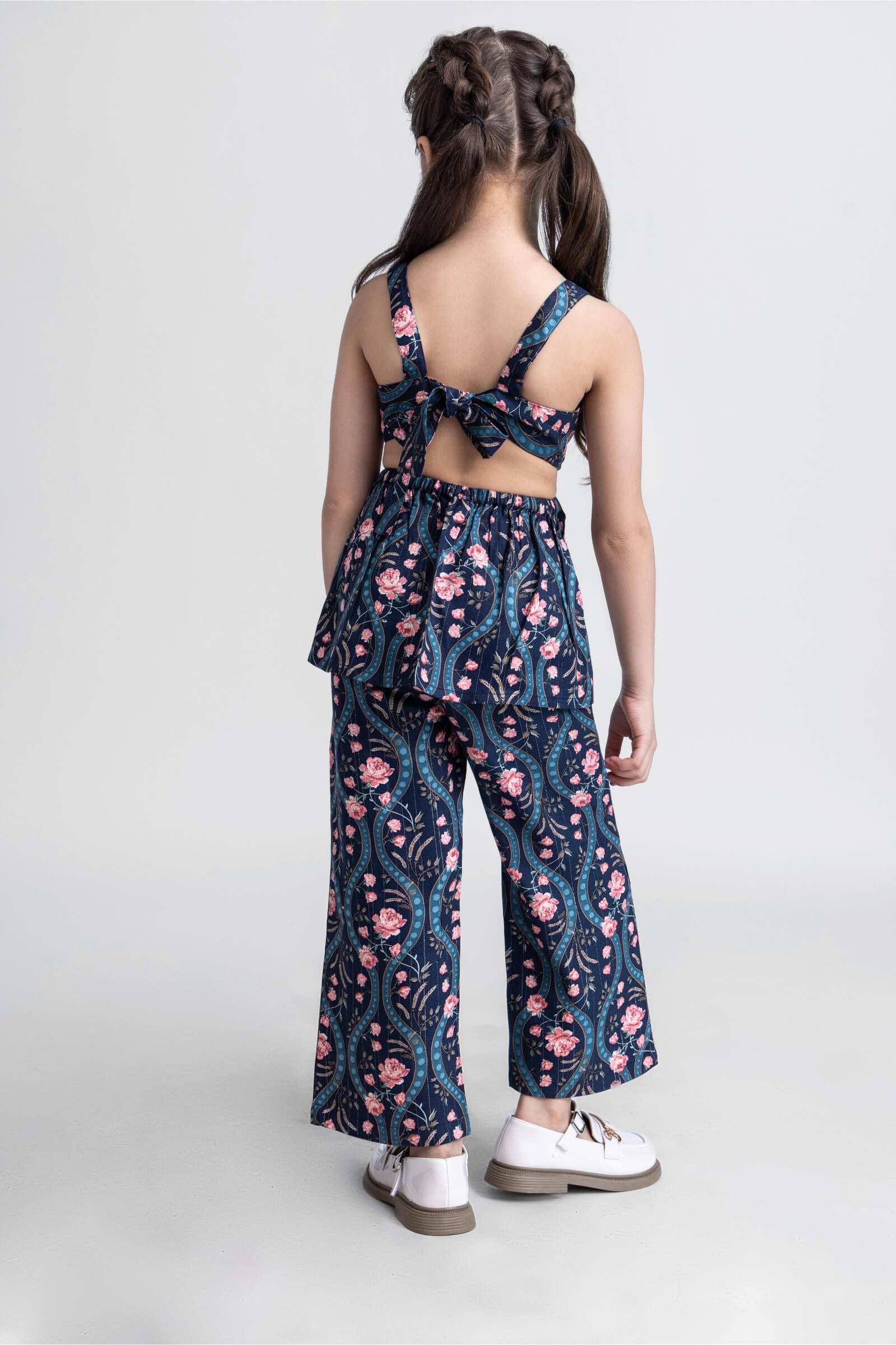 Sleeveless floral printed back tie-up tier top with matching pant ethnic set-Navy blue & multi