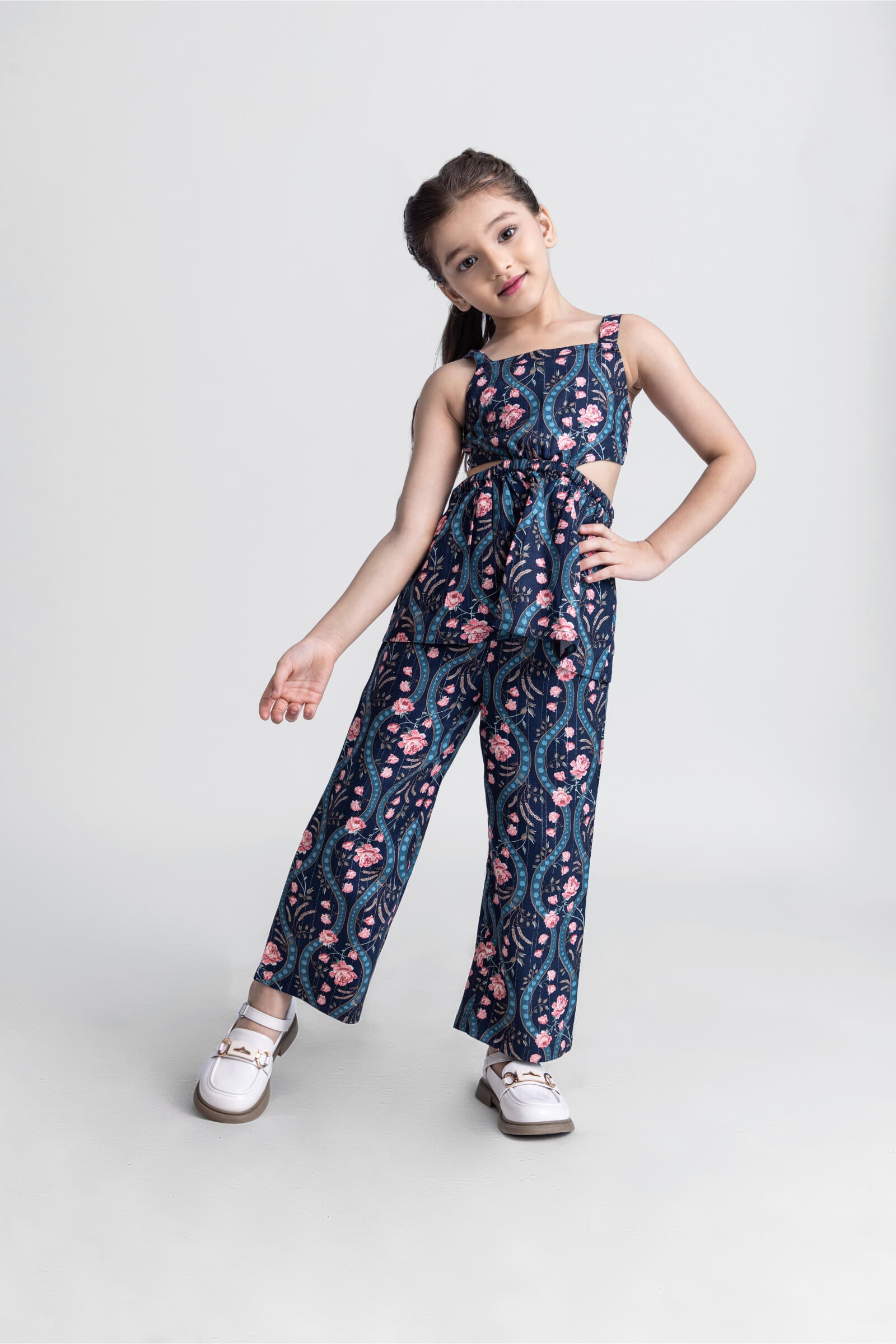 Sleeveless floral printed back tie-up tier top with matching pant ethnic set-Navy blue & multi