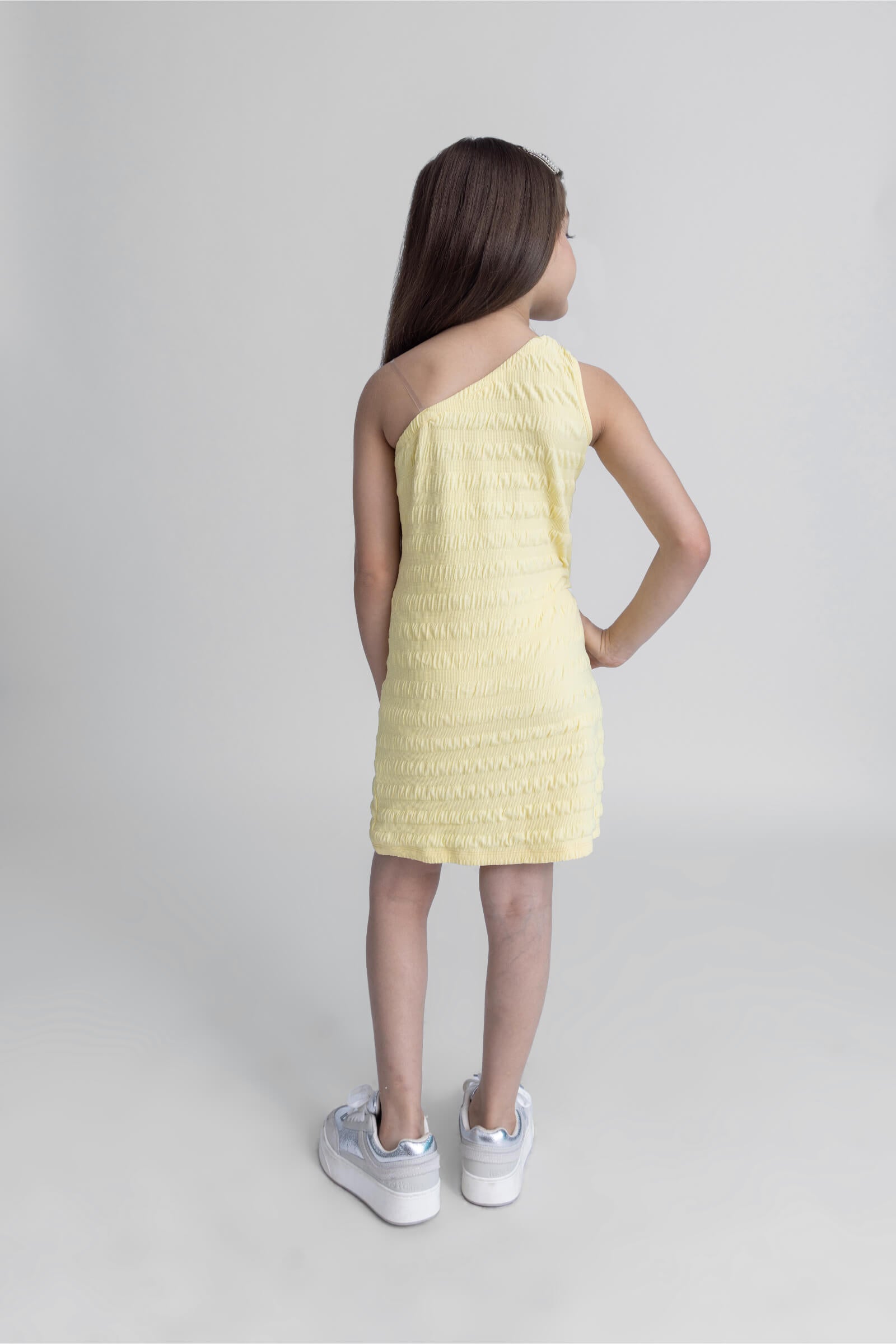 sleeveless cut and sew one shoulder dress-Yellow