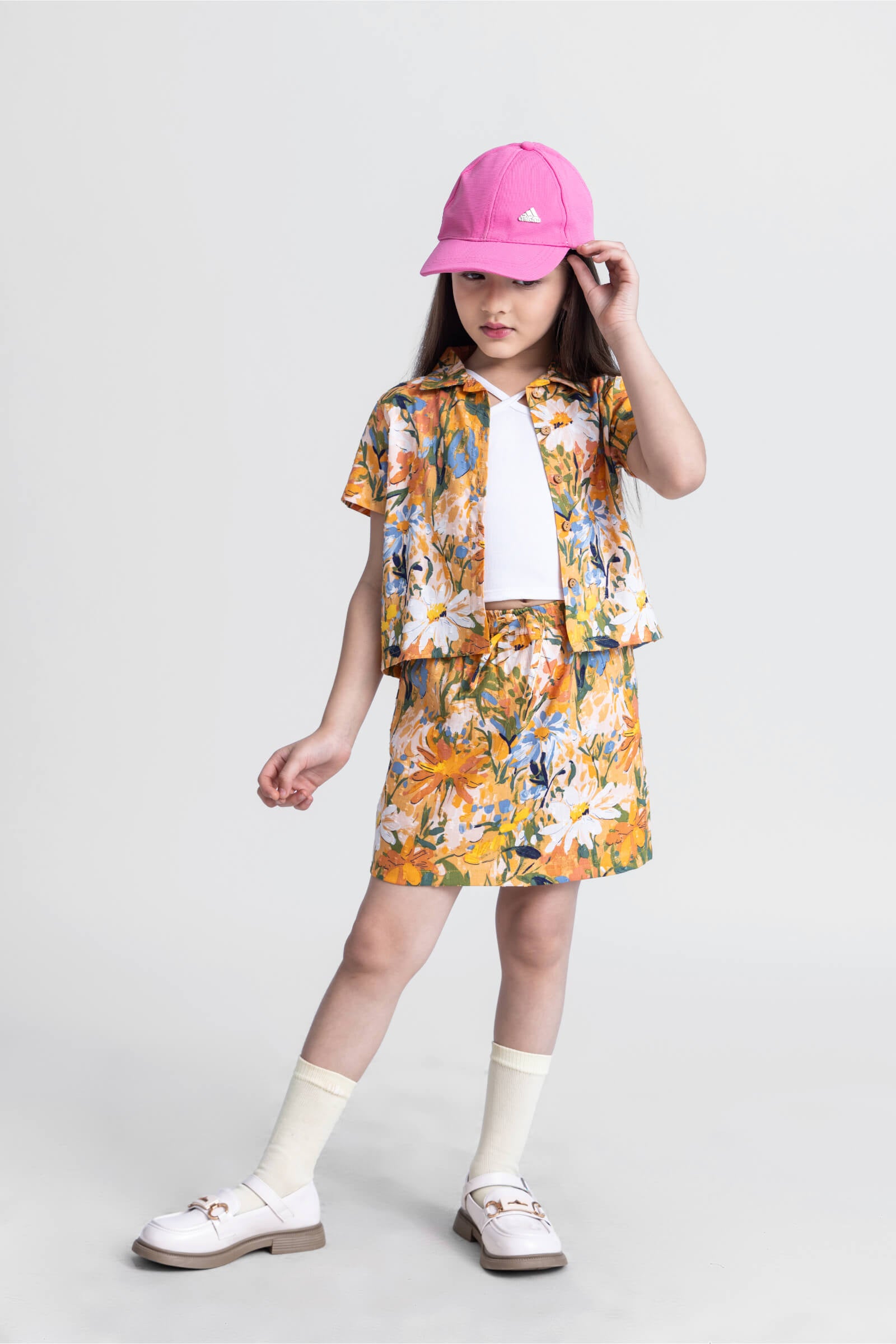 dobby half sleeves floral printed shirt and matching skirt with inner-Yellow & multi