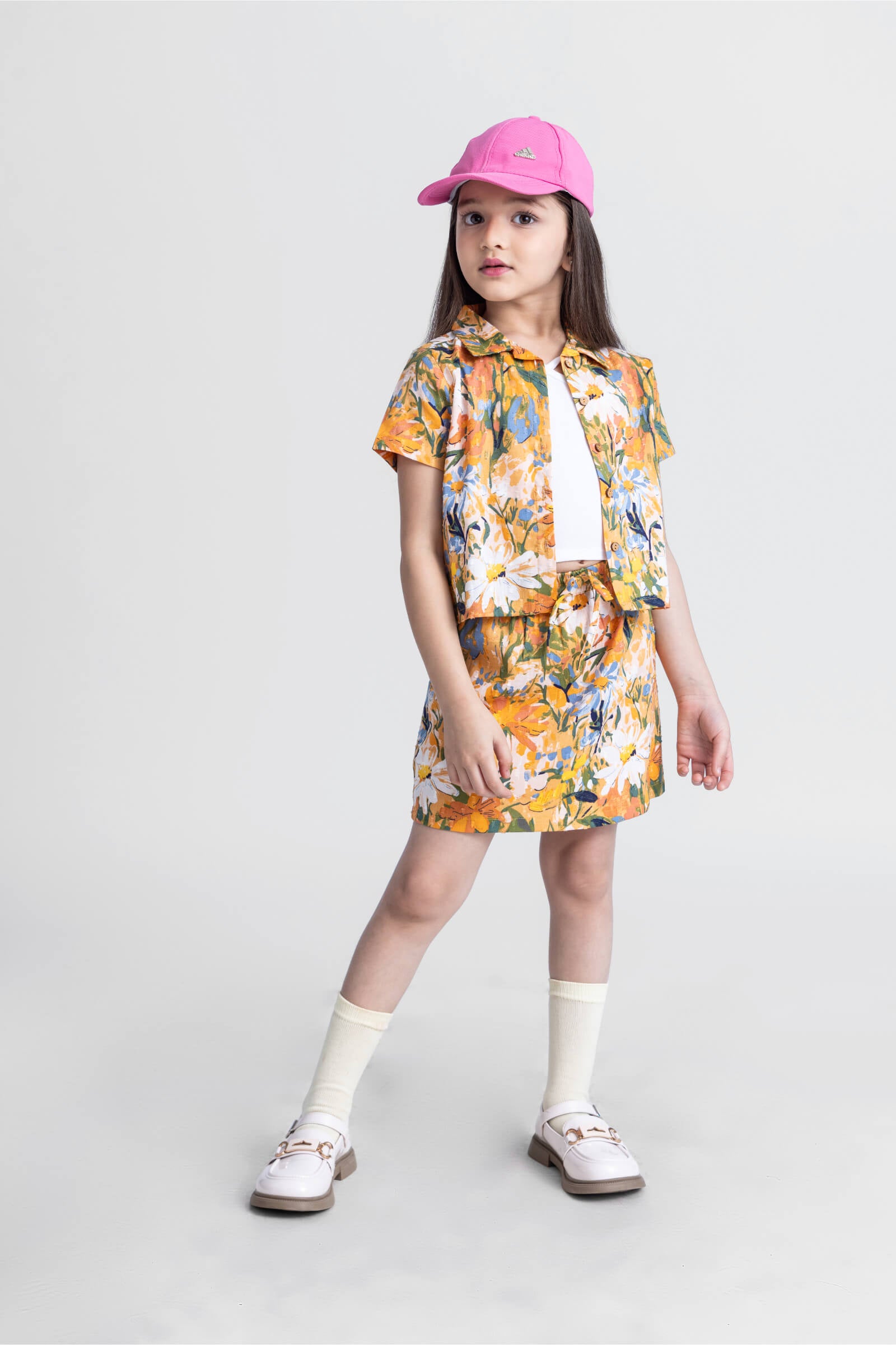 dobby half sleeves floral printed shirt and matching skirt with inner-Yellow & multi