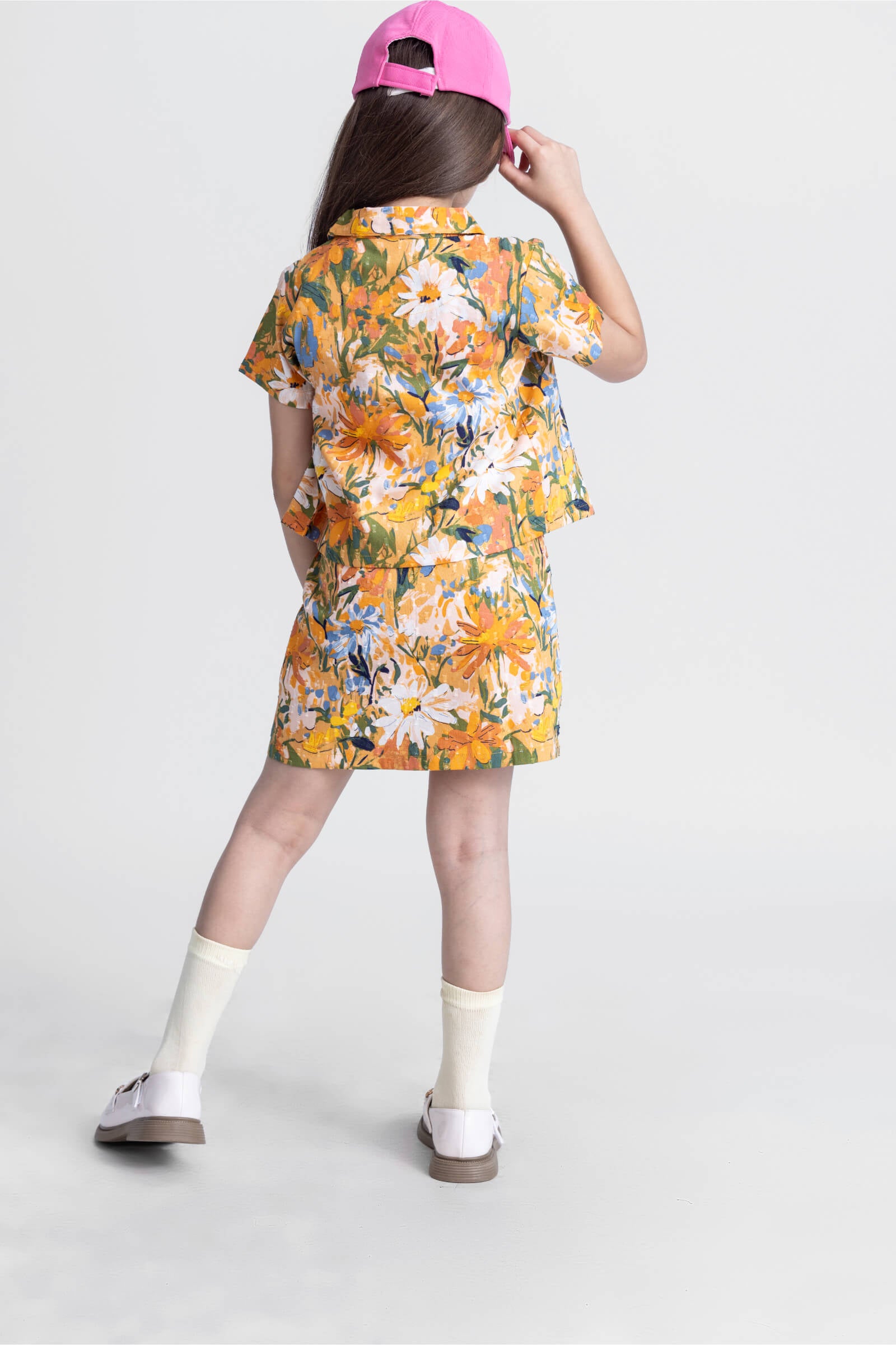 dobby half sleeves floral printed shirt and matching skirt with inner-Yellow & multi