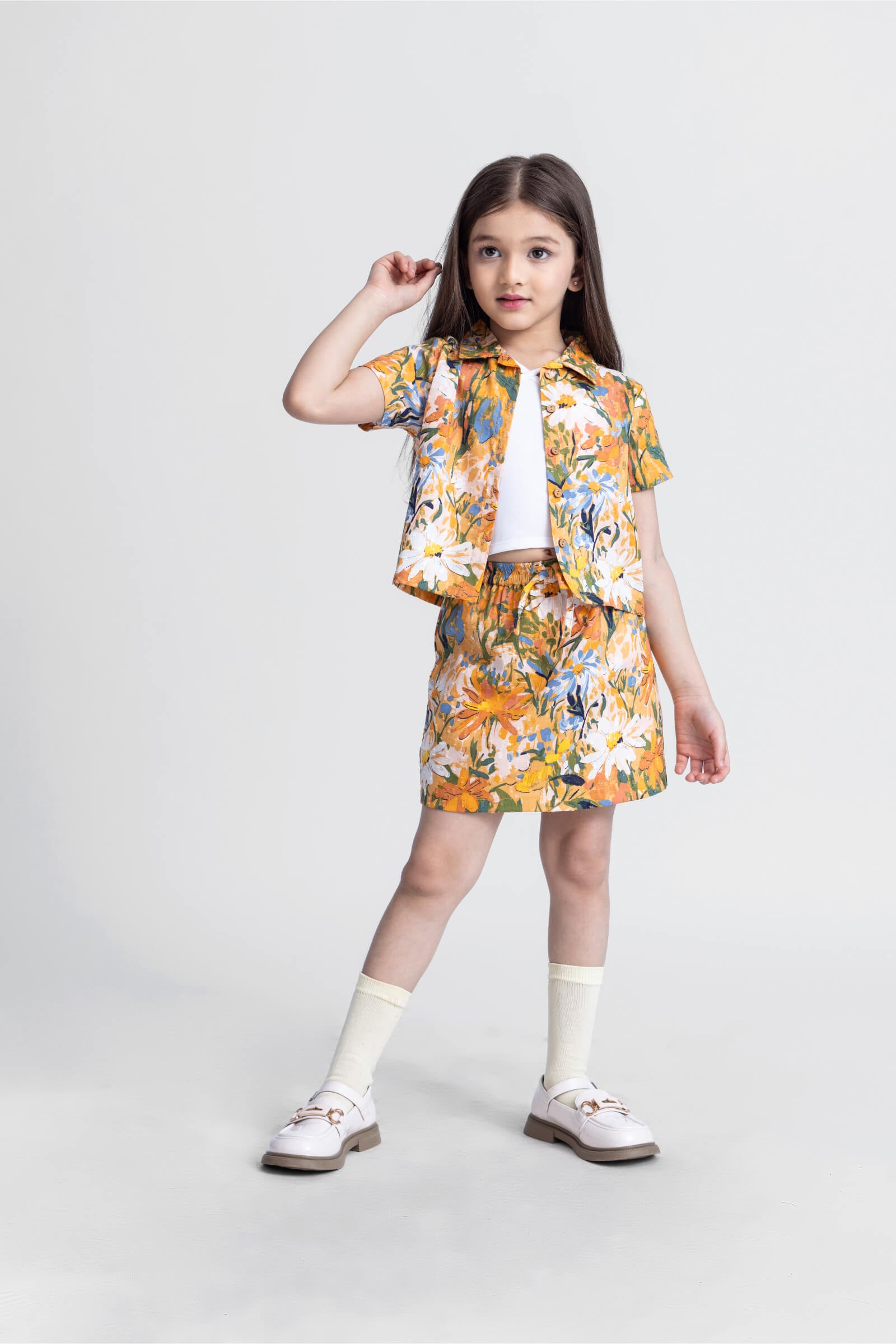 dobby half sleeves floral printed shirt and matching skirt with inner-Yellow & multi