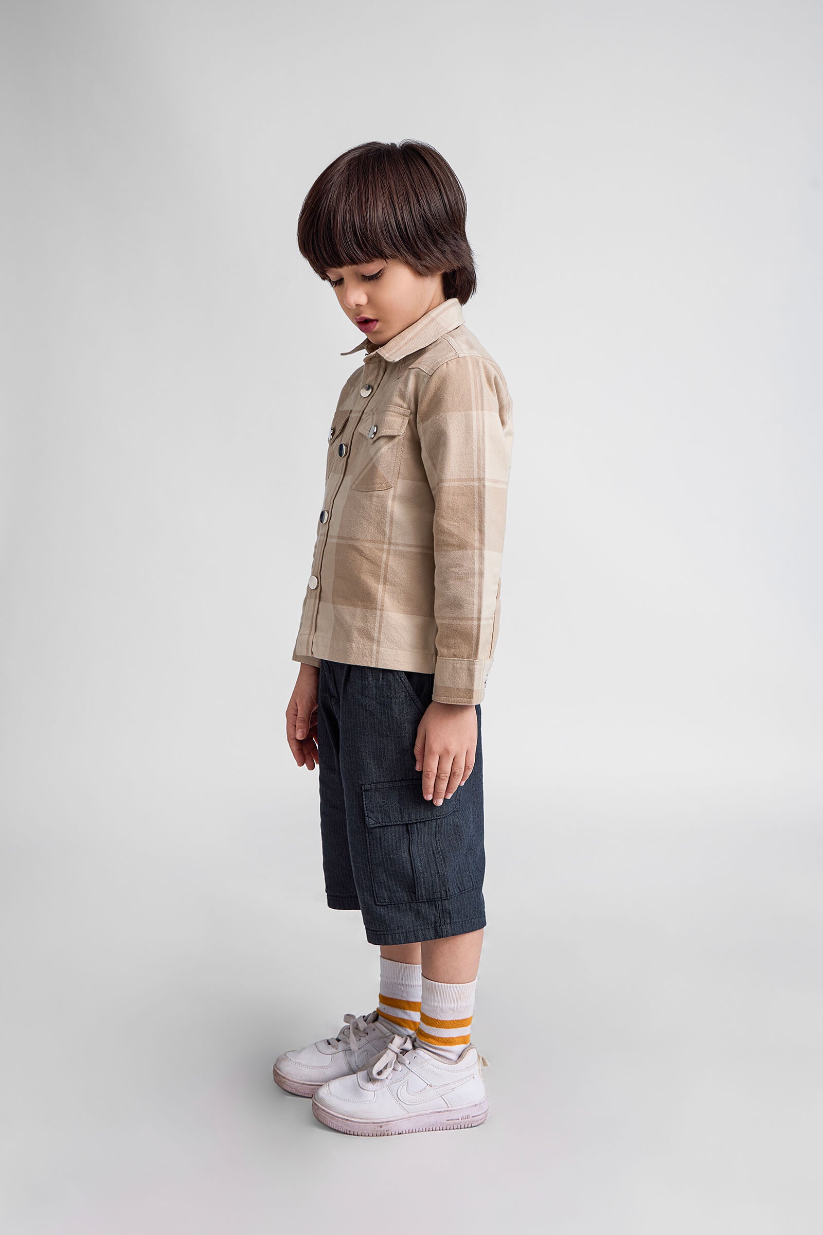 Checked full sleeves shacket-Beige