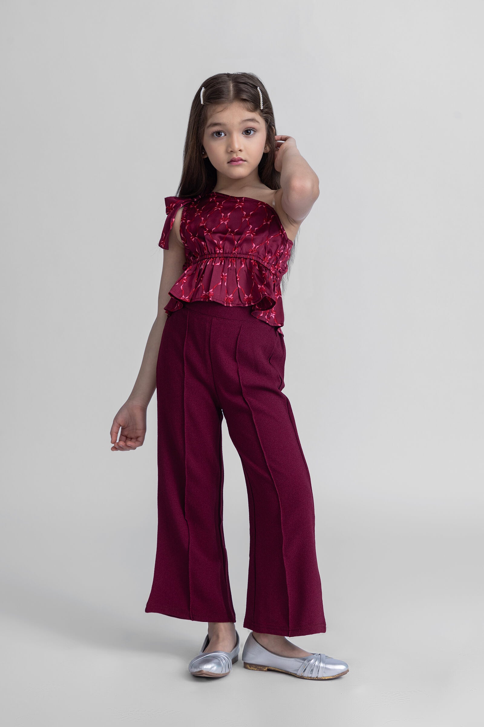 sleeveless one shoulder printed peplum crop top and pant set-Maroon