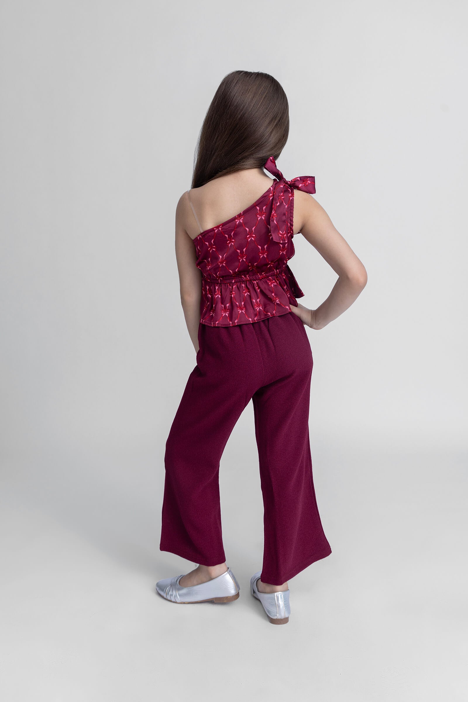 sleeveless one shoulder printed peplum crop top and pant set-Maroon