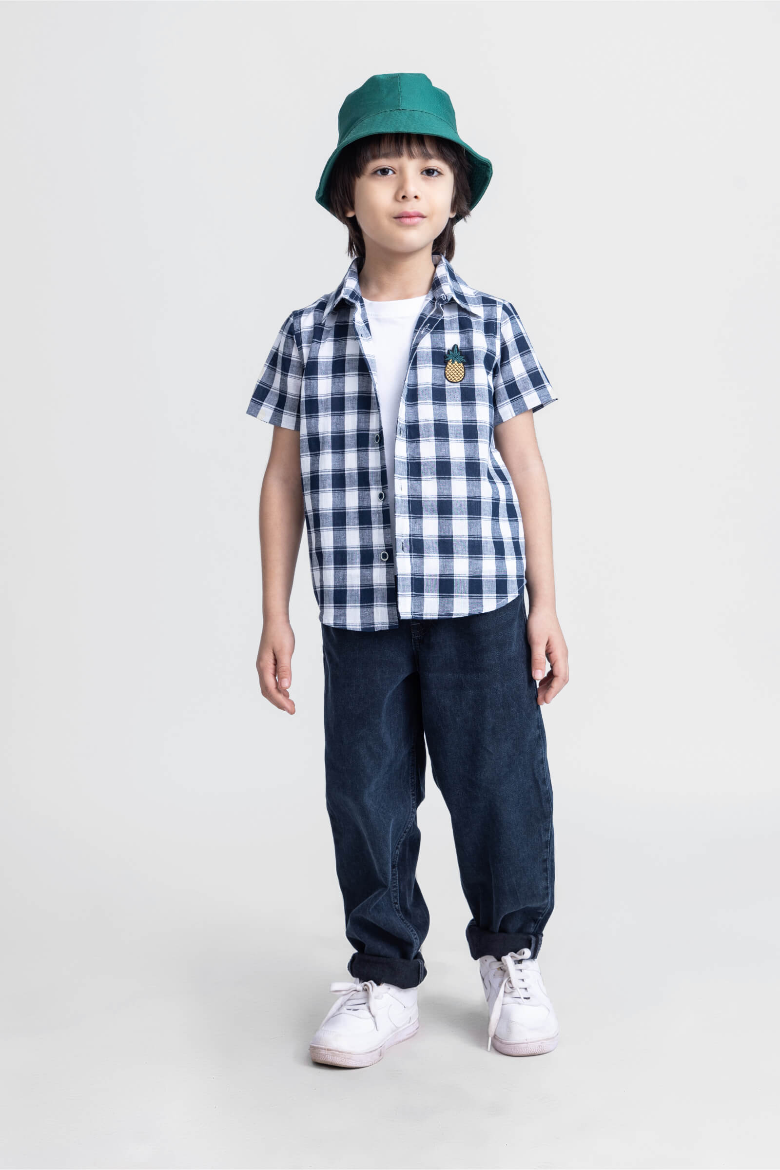 100% cotton half sleeves Checkered printed shirt with attached tee- White & navy blue