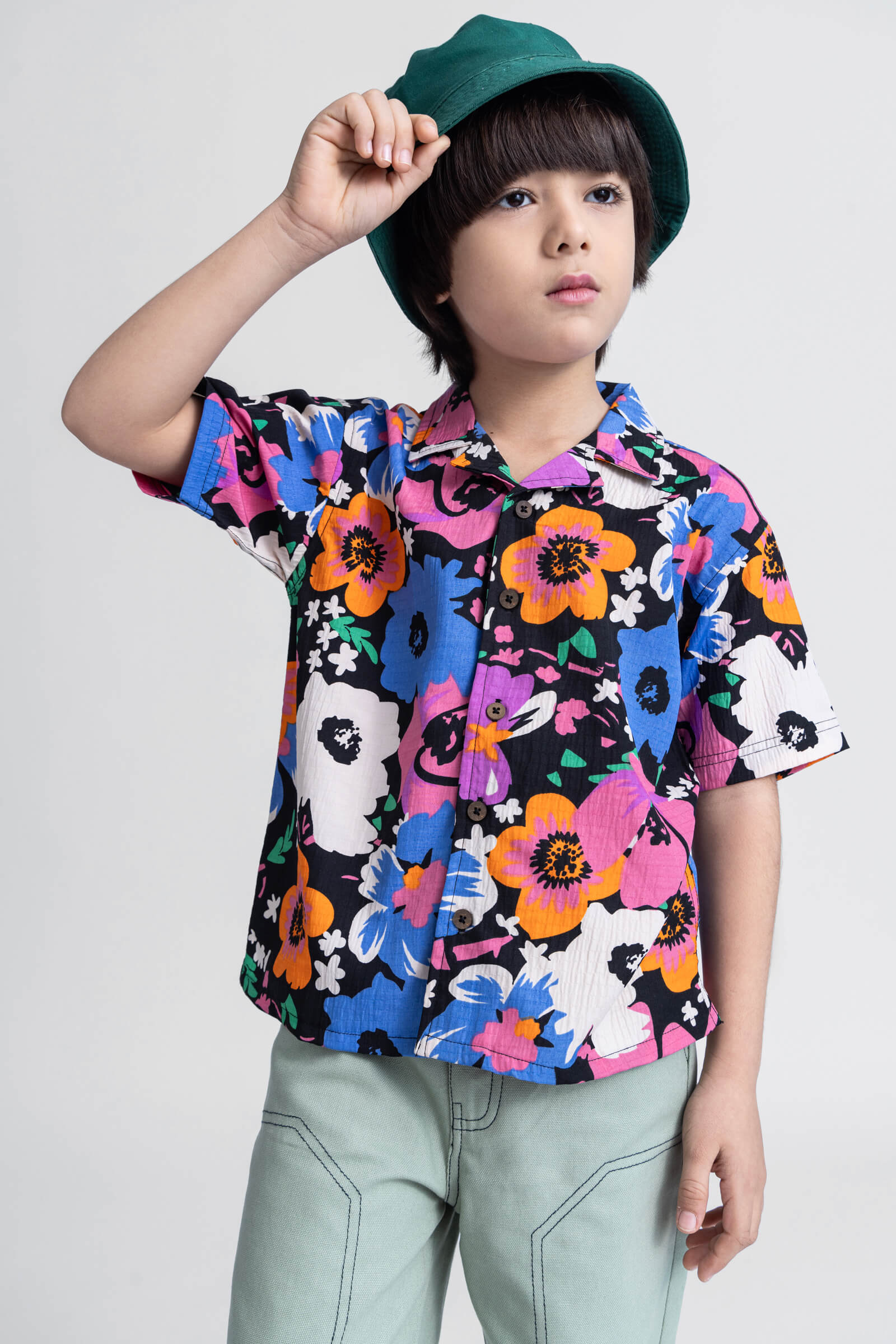 half sleeves floral printed button up Oversize shirt-Black & Multi