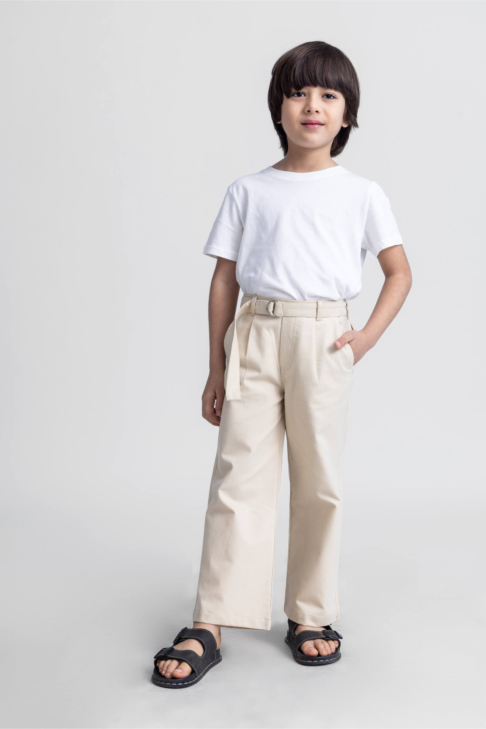 full length pleat detail pant with belt-Beige