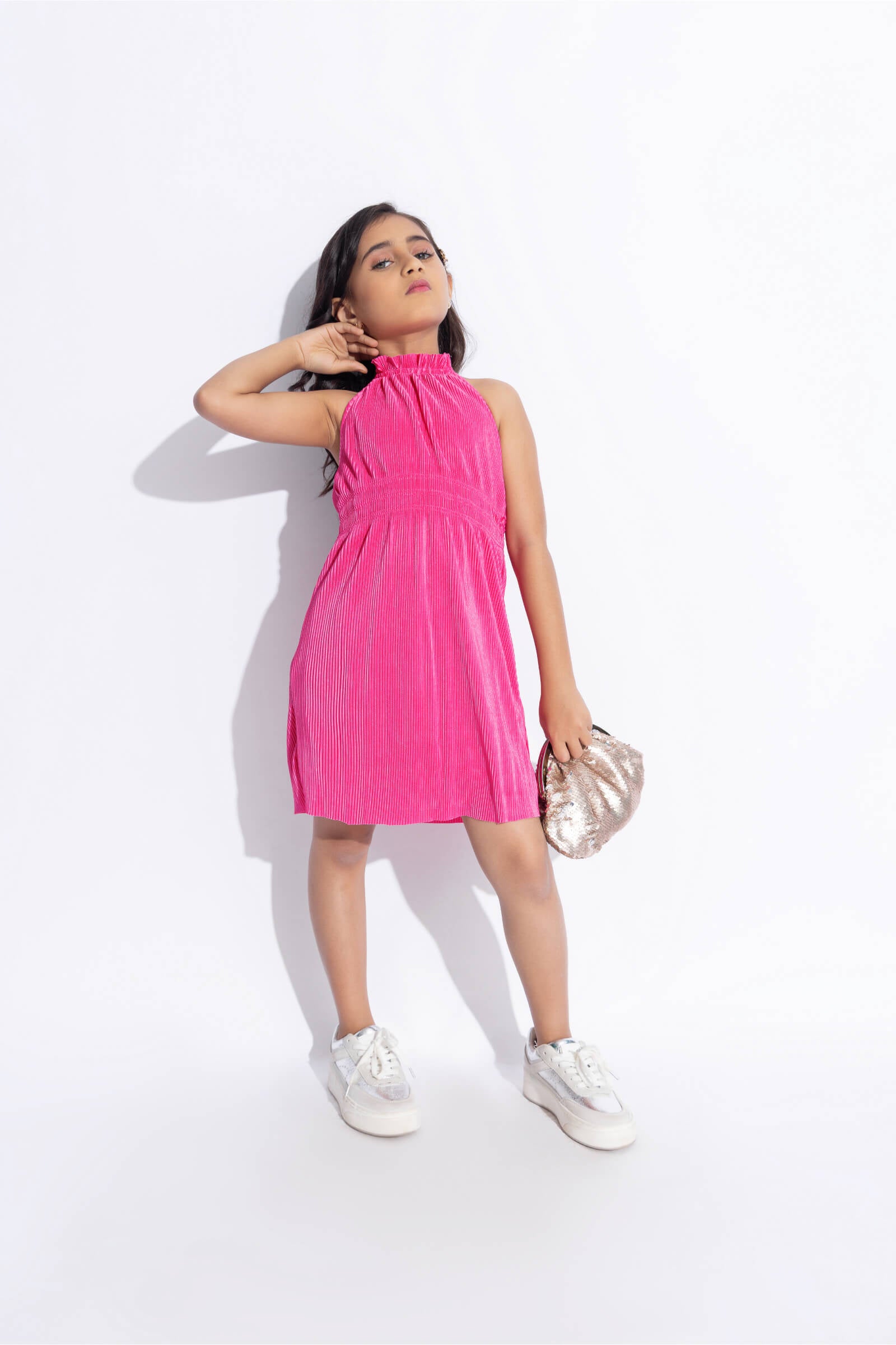 Pleated sleeveless halter neck Party dress - Hot pink