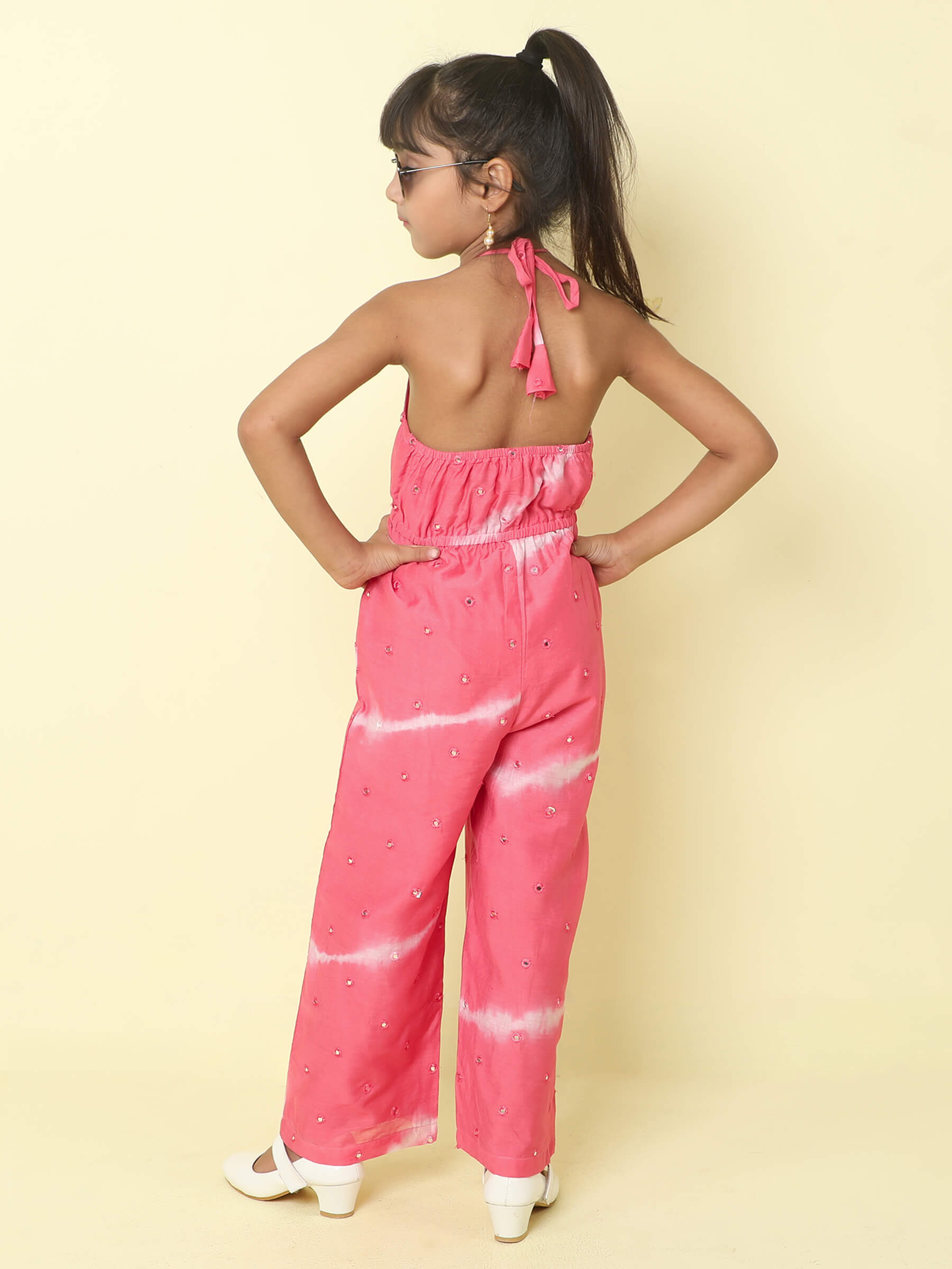 Shop Tie-Dye Printed Halter Neck Mirror Work Ethnic Jumpsuit- Pink Online