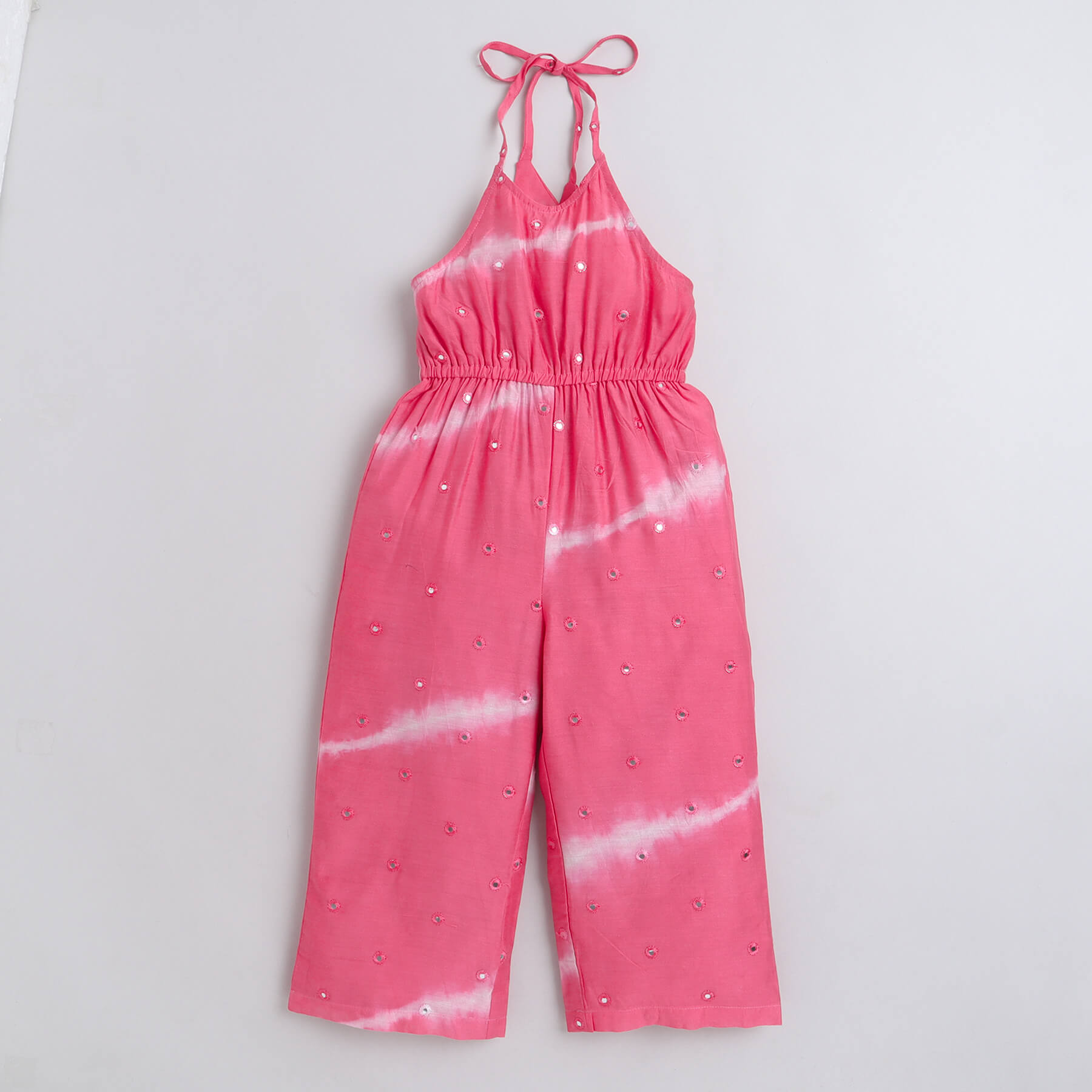 Shop Tie-Dye Printed Halter Neck Mirror Work Ethnic Jumpsuit- Pink Online